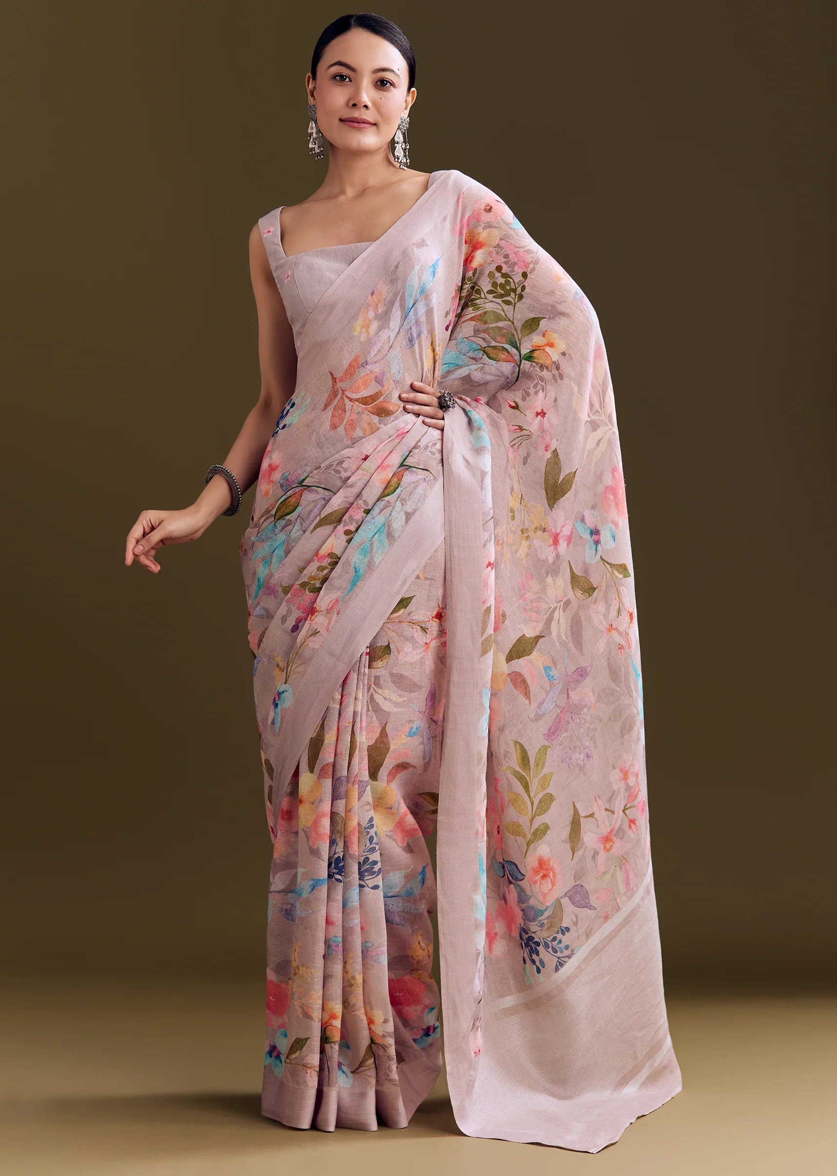 Grey Cotton Linen Saree With Pastel Blooms - Image 5