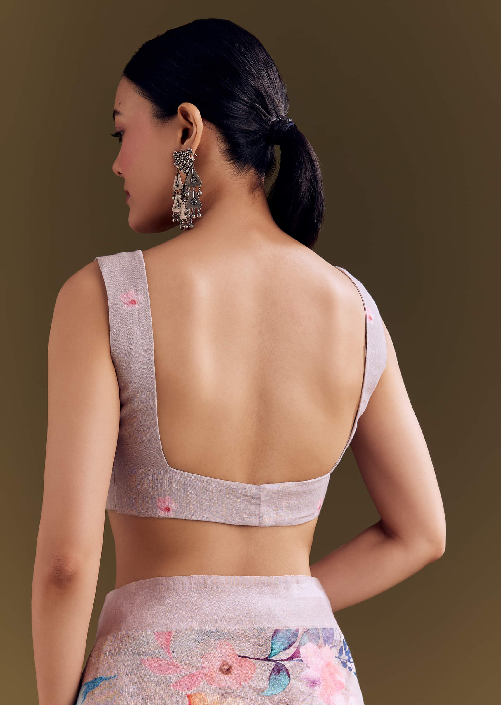 Grey Cotton Linen Saree With Pastel Blooms - Image 8