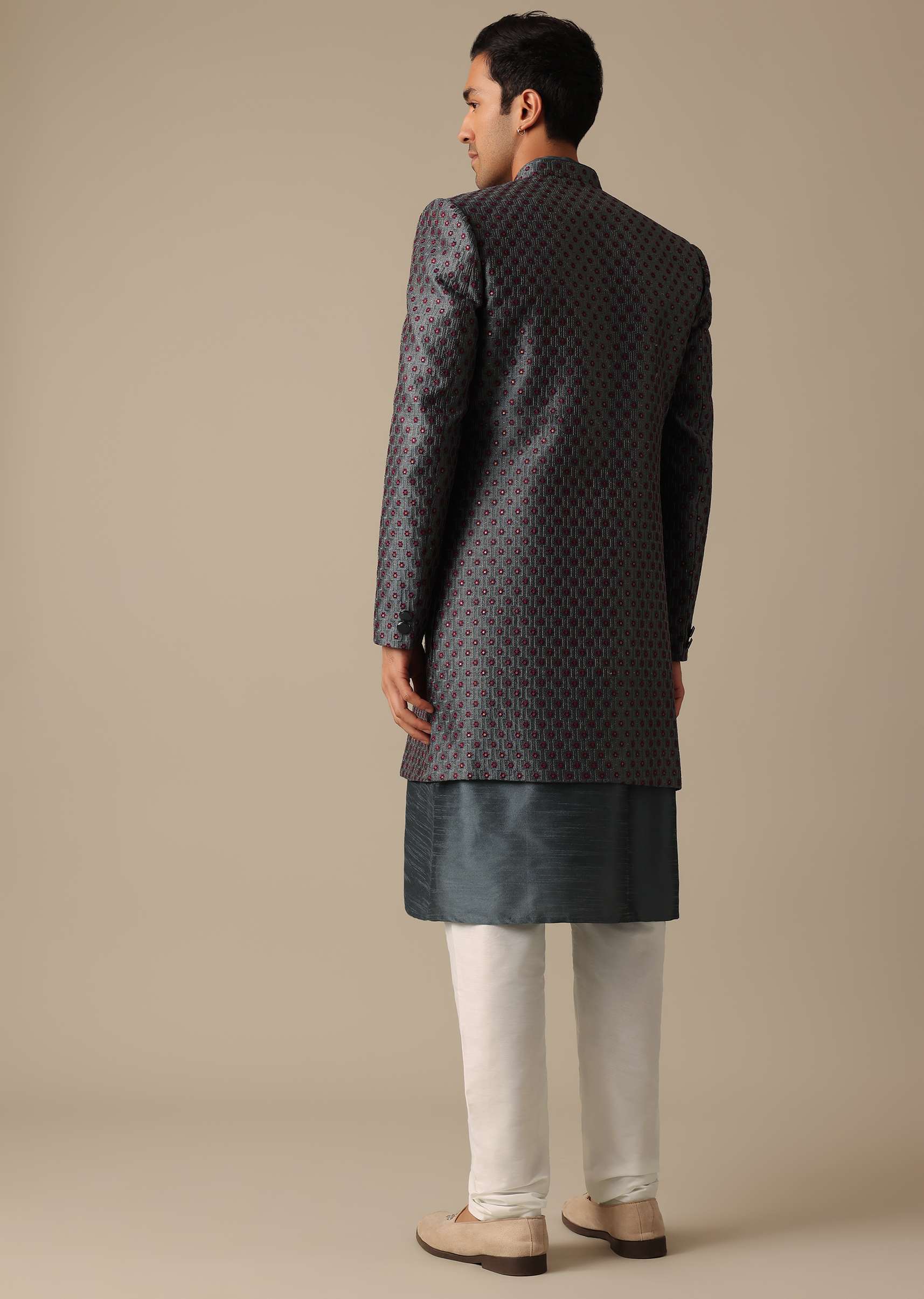 Grey Dupion Silk Sherwani Set With Mirror Work - Image 5