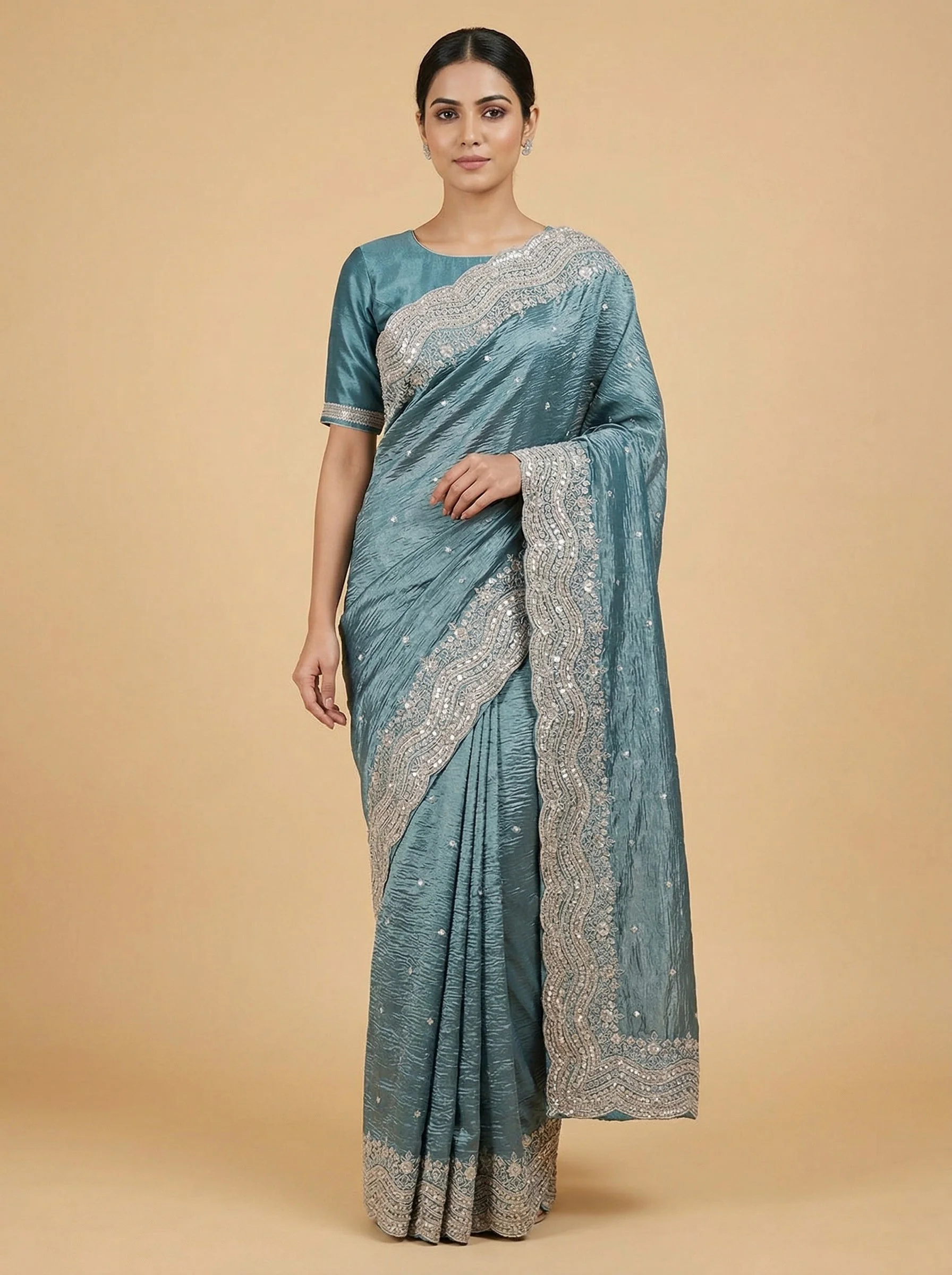 Grey Elongated Embroidered Saree