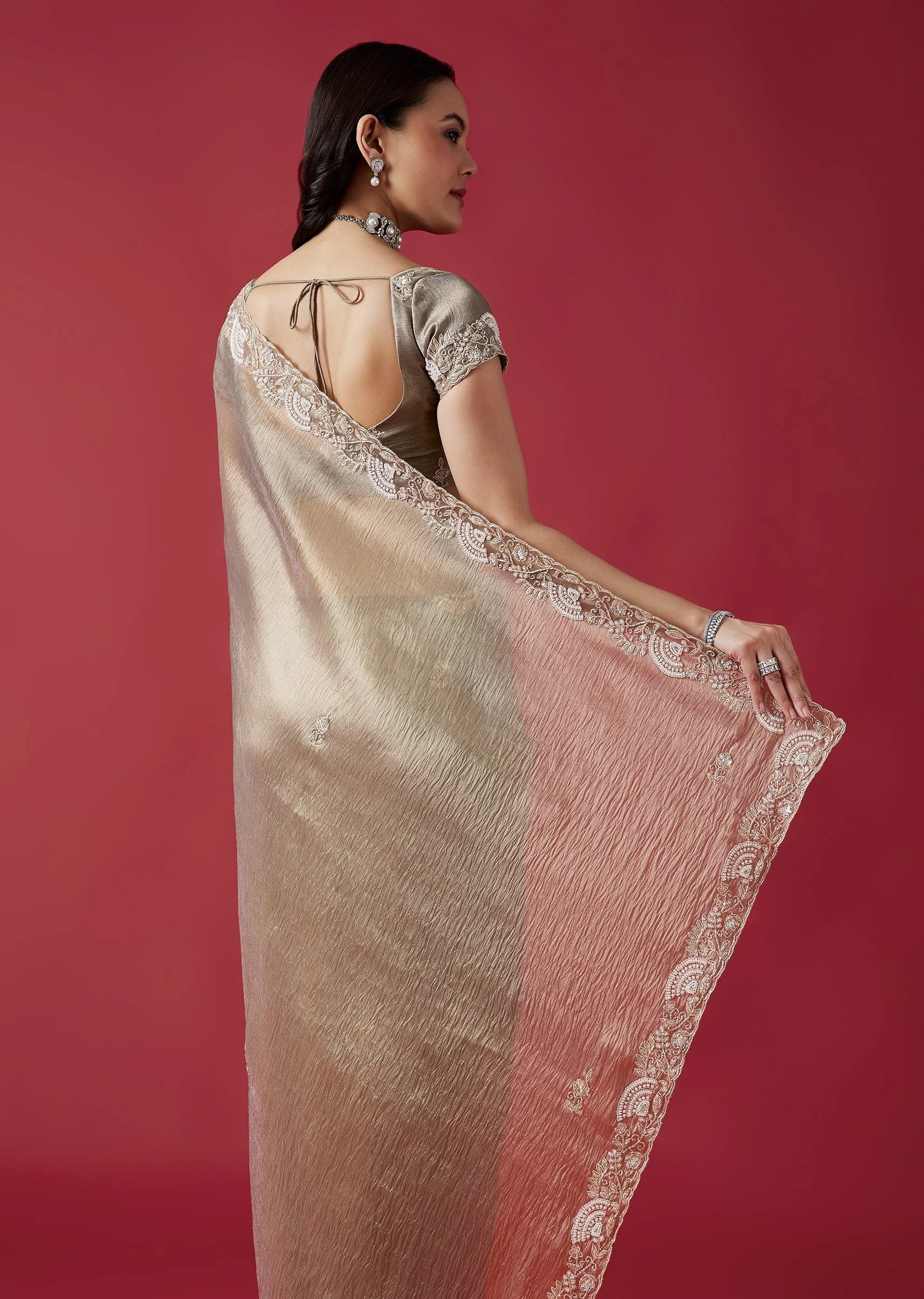 Grey Embroidered Crush Tissue Saree With Zardosi Detailing - Image 6