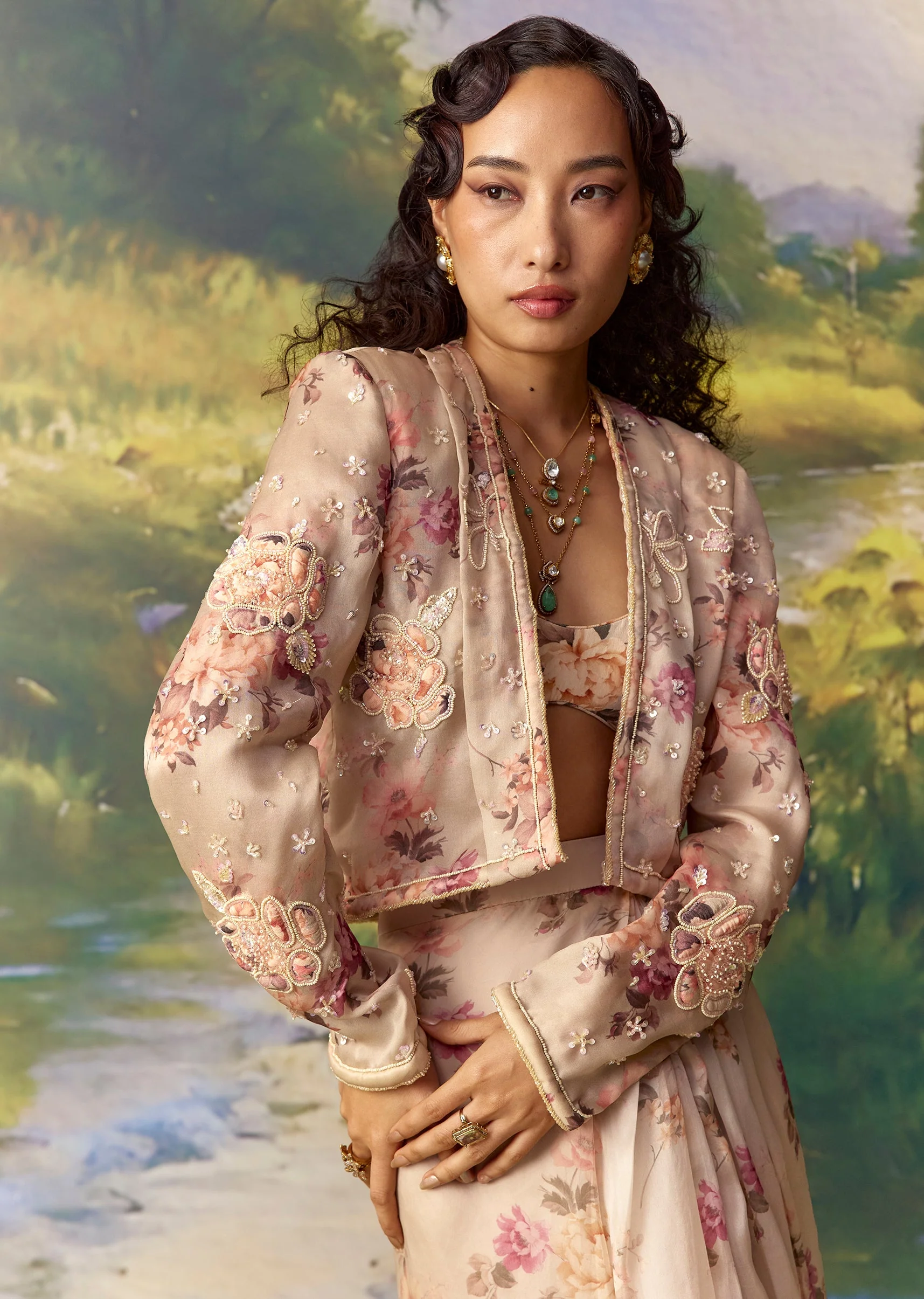 Grey Embroidered Jacket and Draped Skirt Set - Image 3