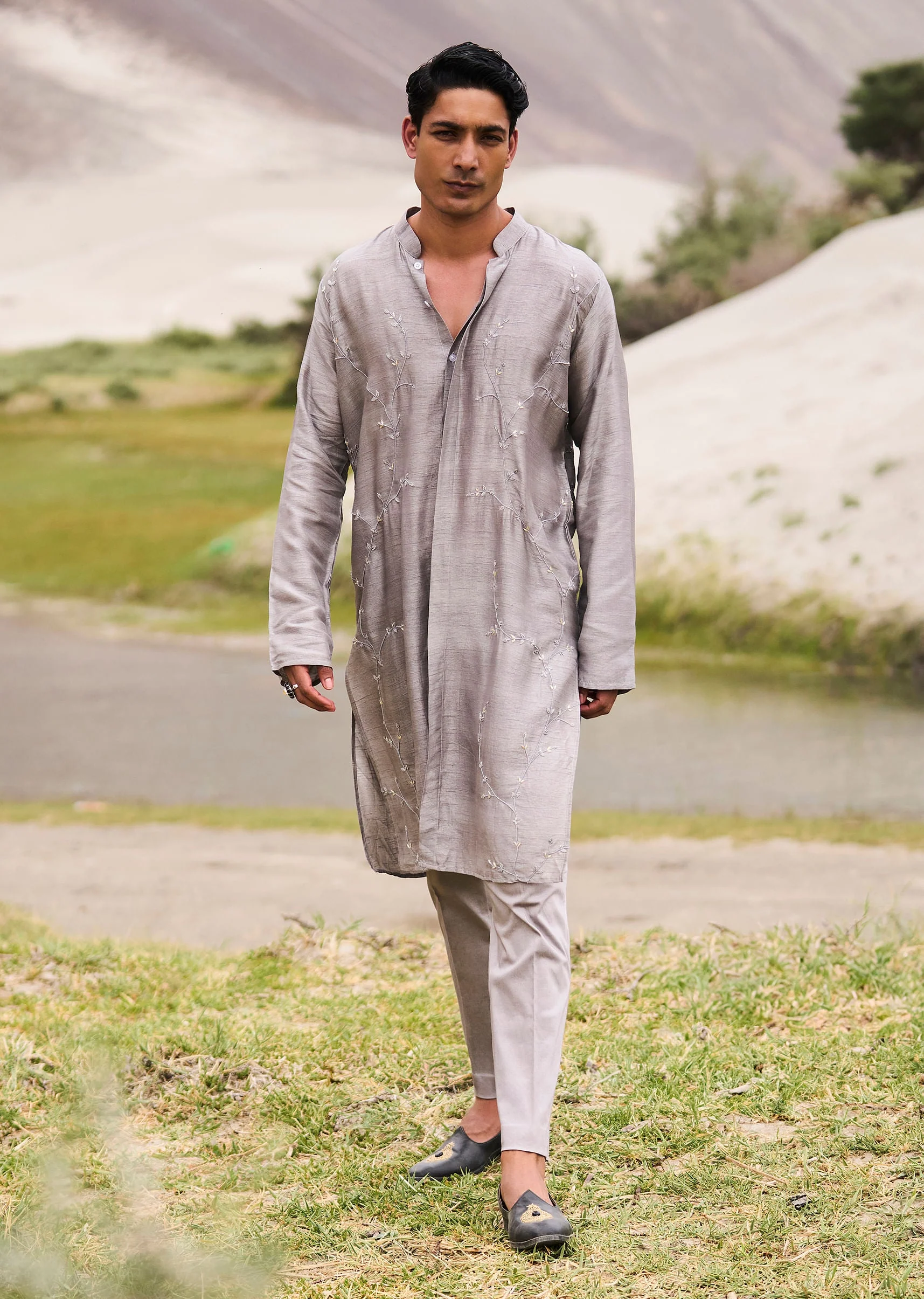 Grey Embroidered Linen Nawabi Suit - Image 5