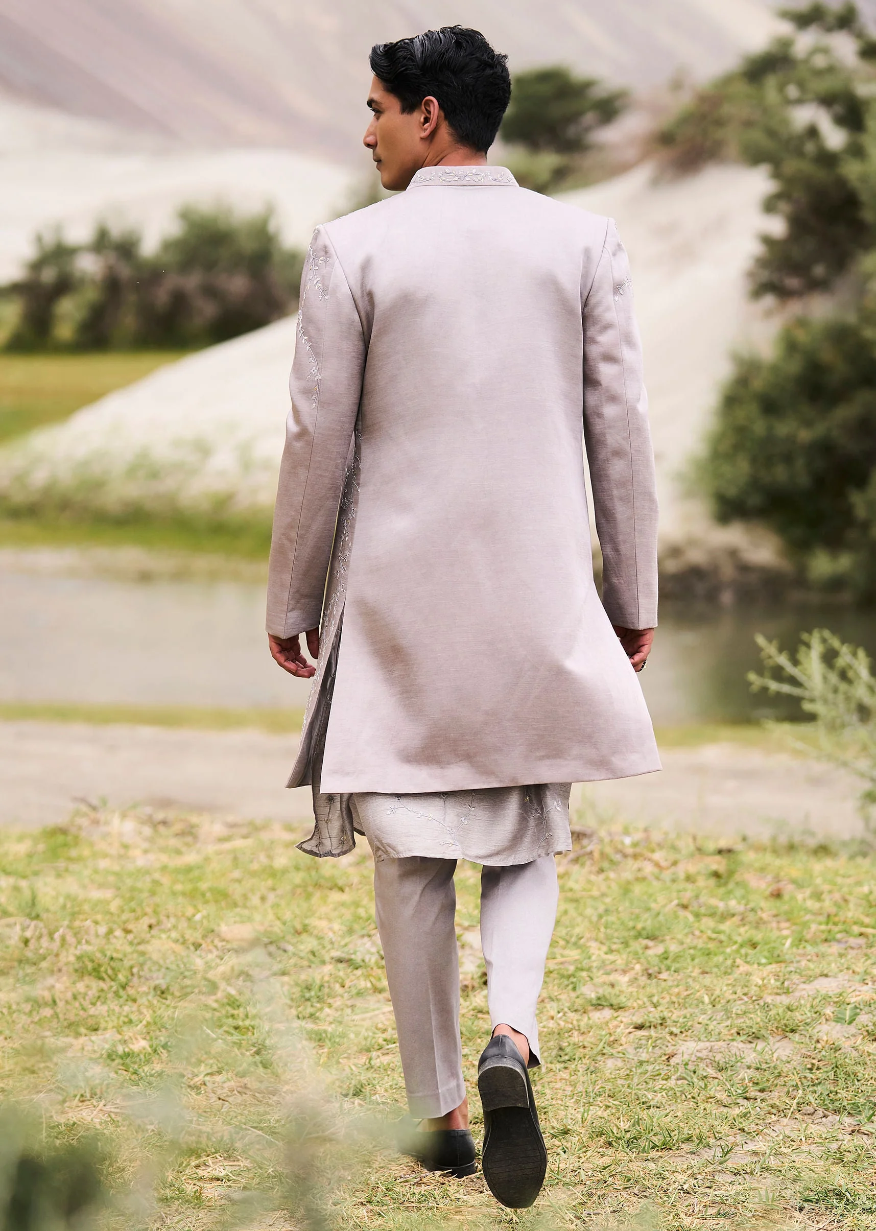 Grey Embroidered Linen Nawabi Suit - Image 6