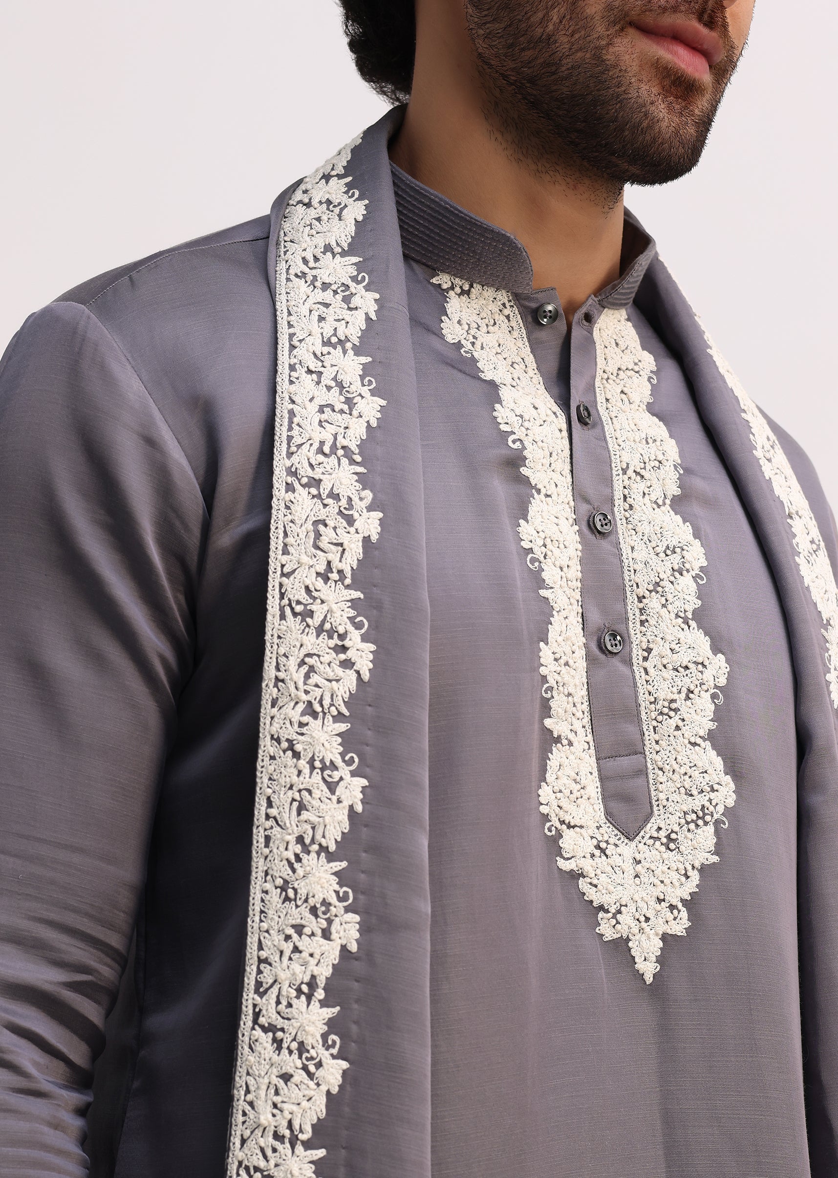 Grey Embroidered Men Kurta Set With Dupatta - Image 3