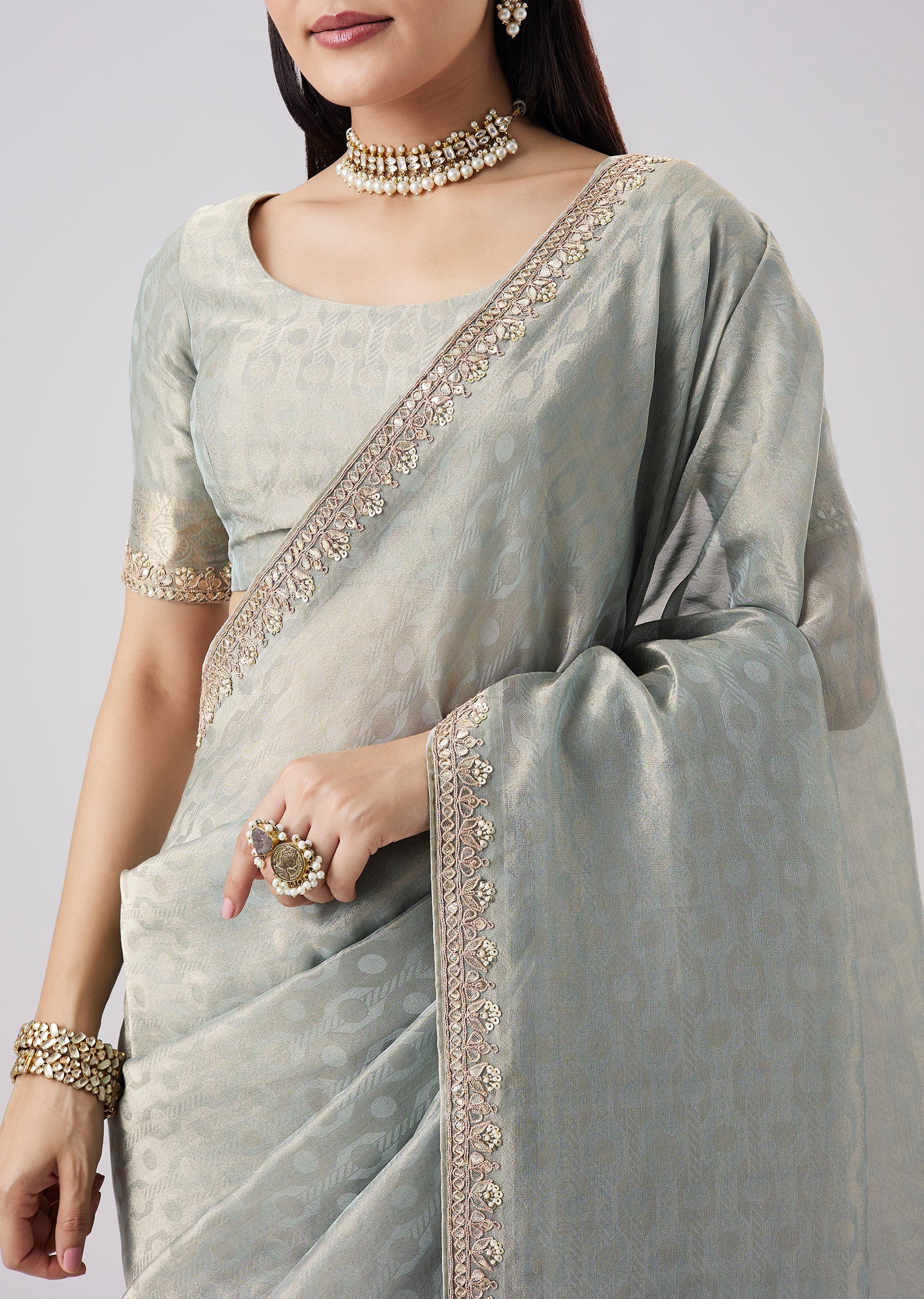 Grey Embroidered Motif Tassel Saree With Unstitched Blouse - Image 2