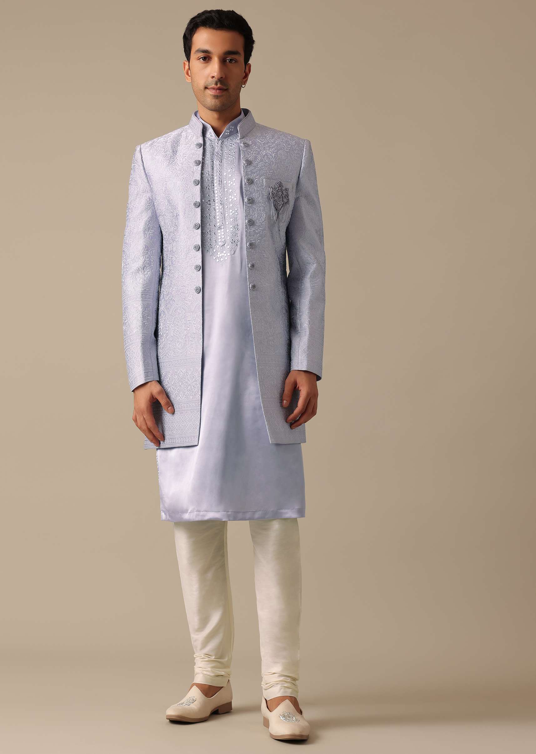 Grey Embroidered Sherwani And Kurta Set In Satin Silk - Image 4