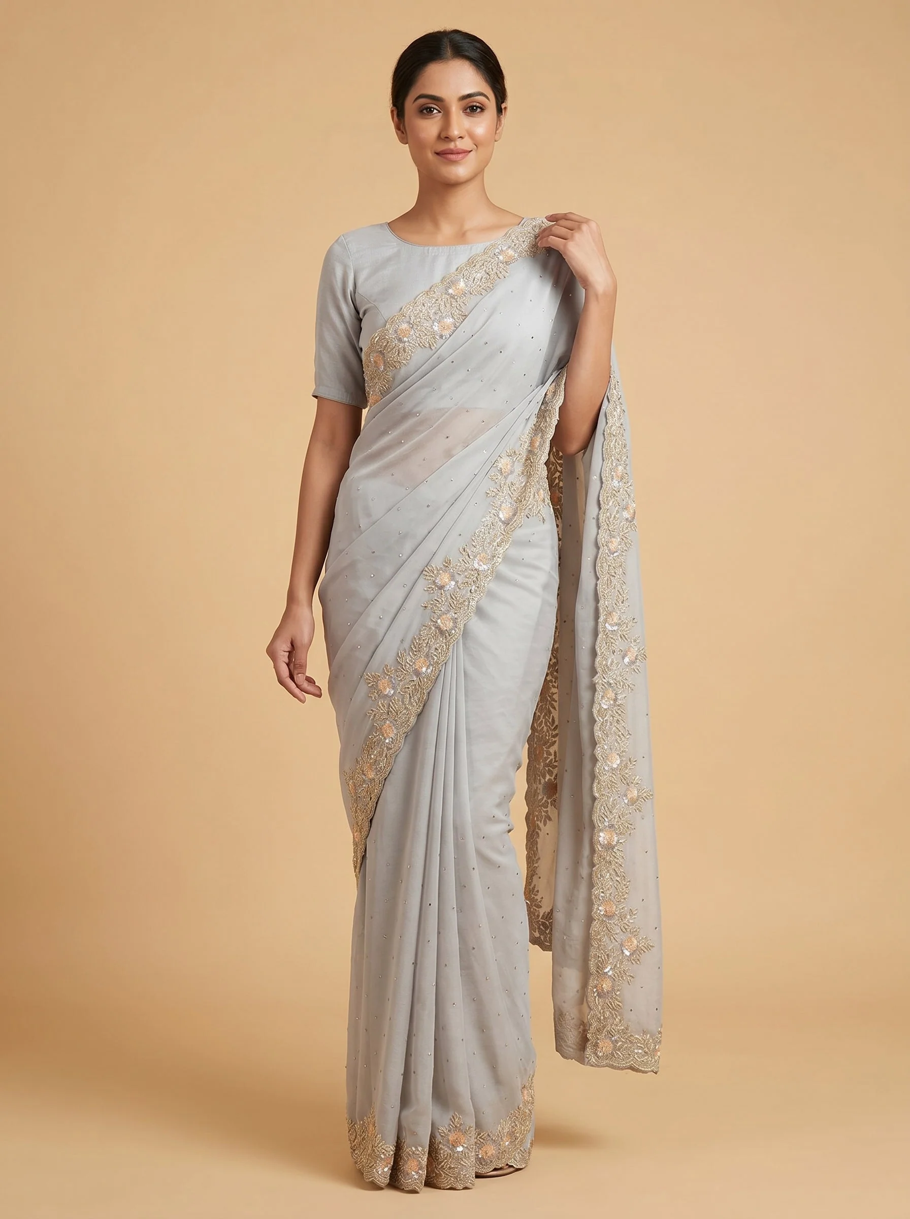 Grey Embroidery Scallop Border Saree