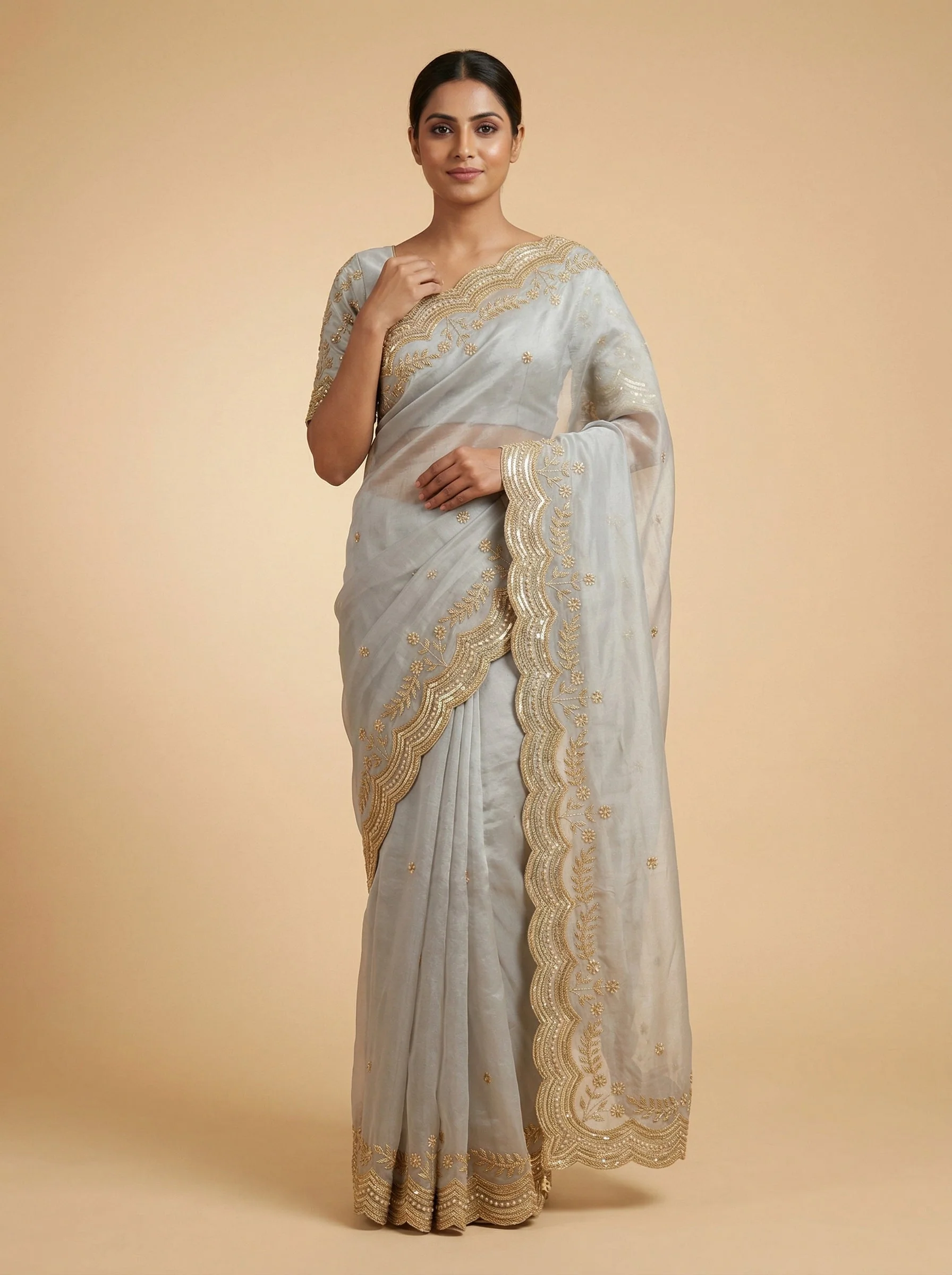 Grey Fashioned Embroidered Saree