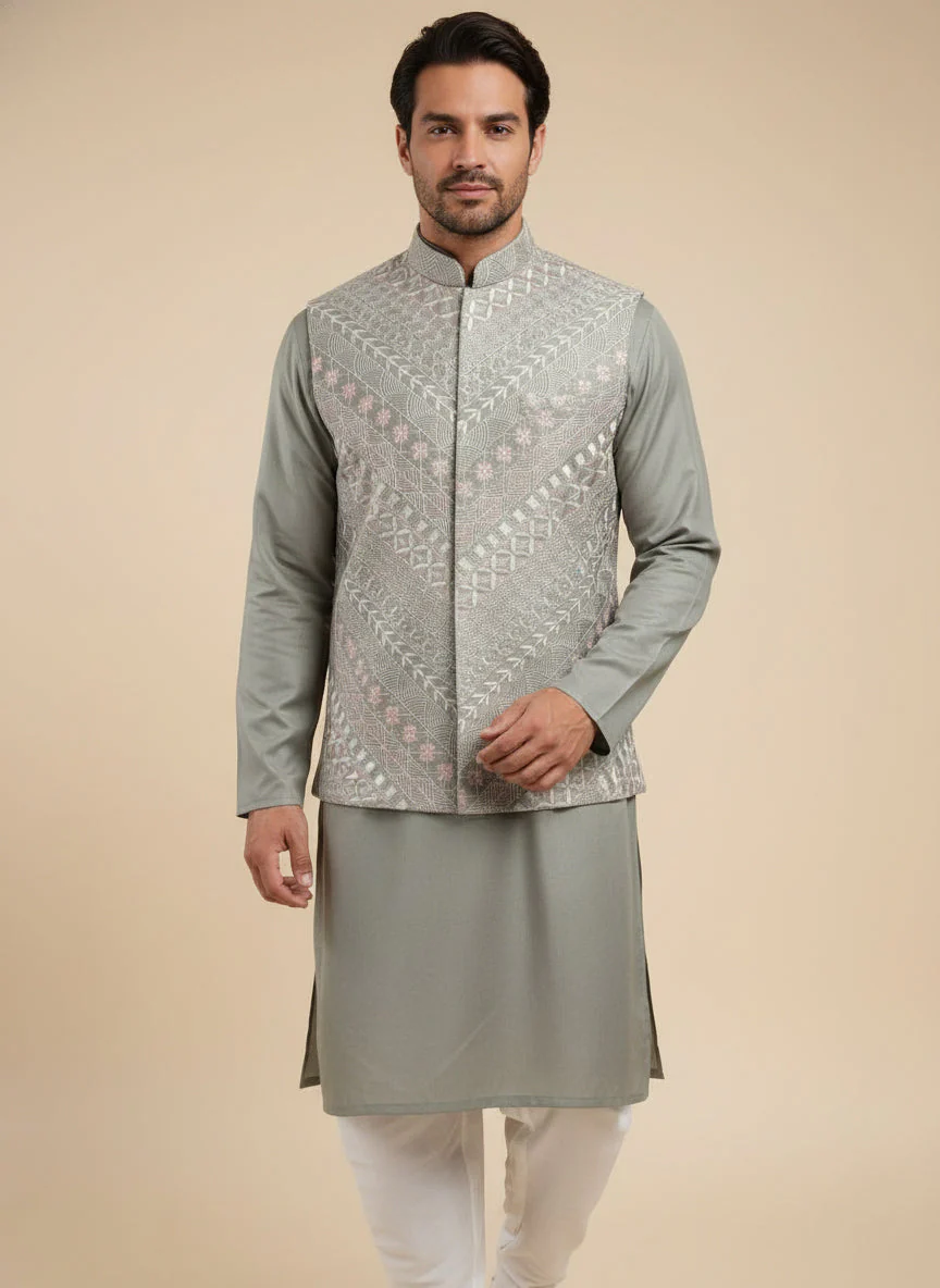 Grey Festive Jacket Kurta Set - Image 2
