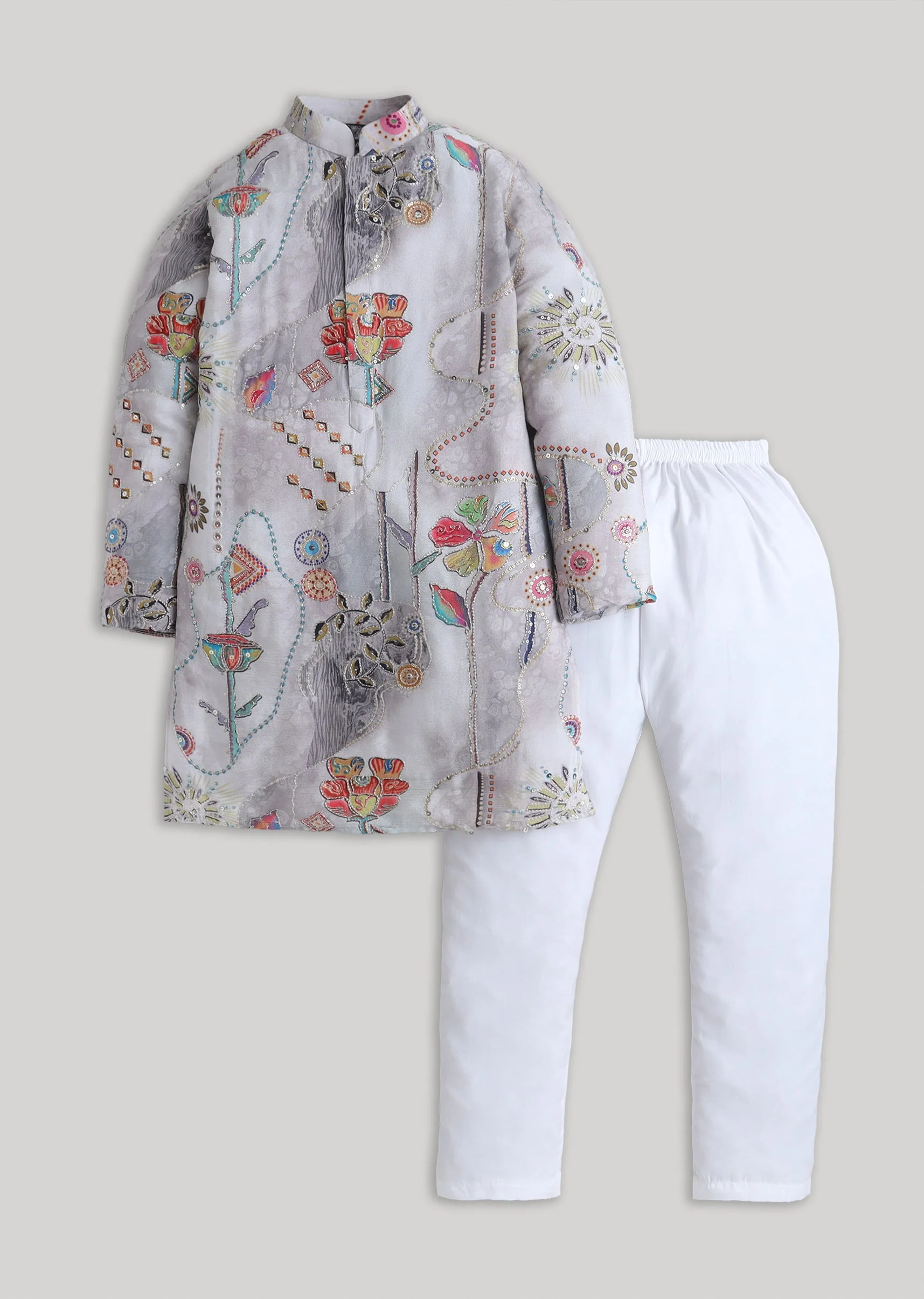 Grey Floral Sequin Cotton Kurta Set For Festive Wear