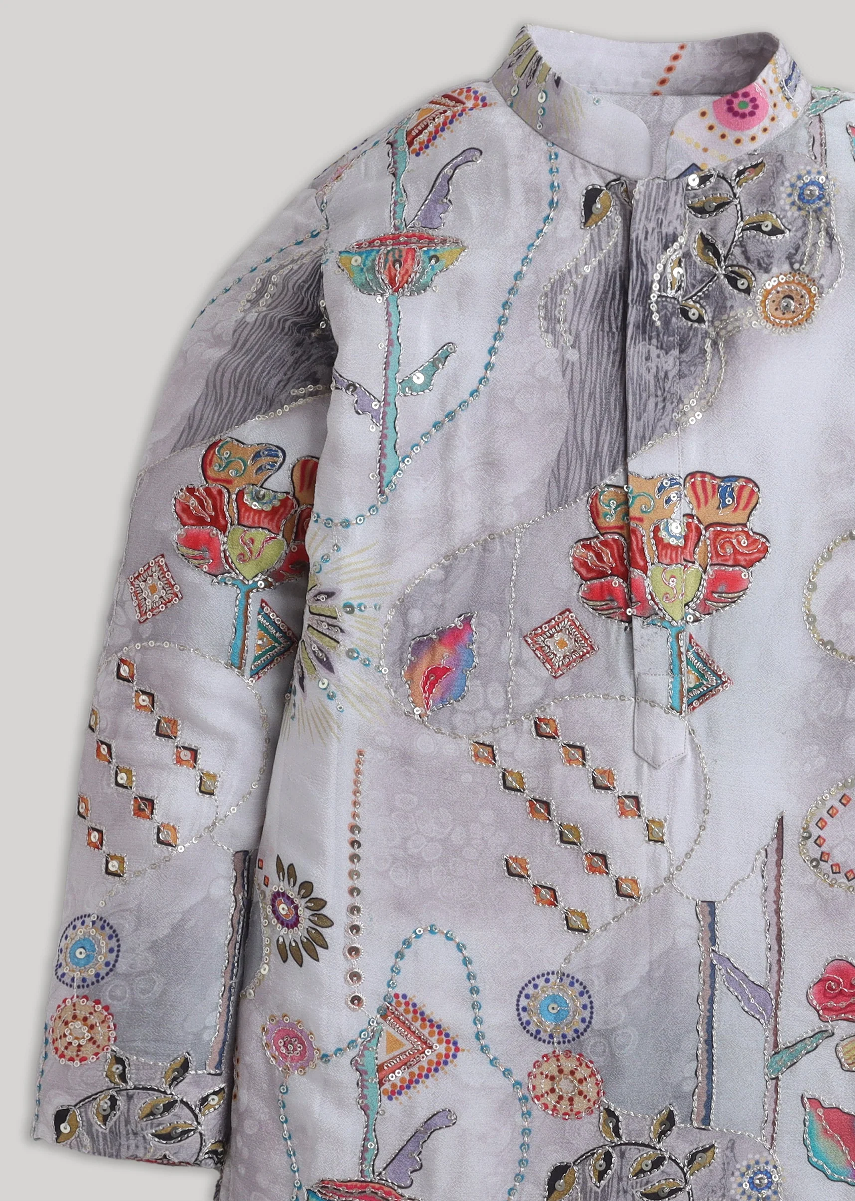 Grey Floral Sequin Cotton Kurta Set For Festive Wear - Image 4