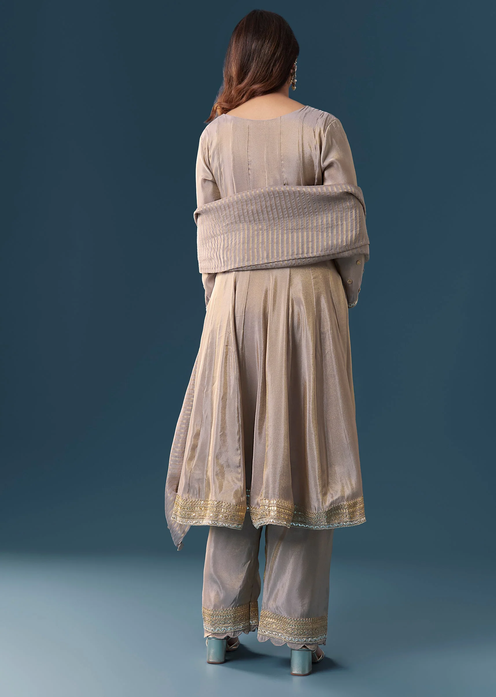 Grey Gotta Lace Tissue Anarkali Suit Set With Pant And Dupatta - Image 5