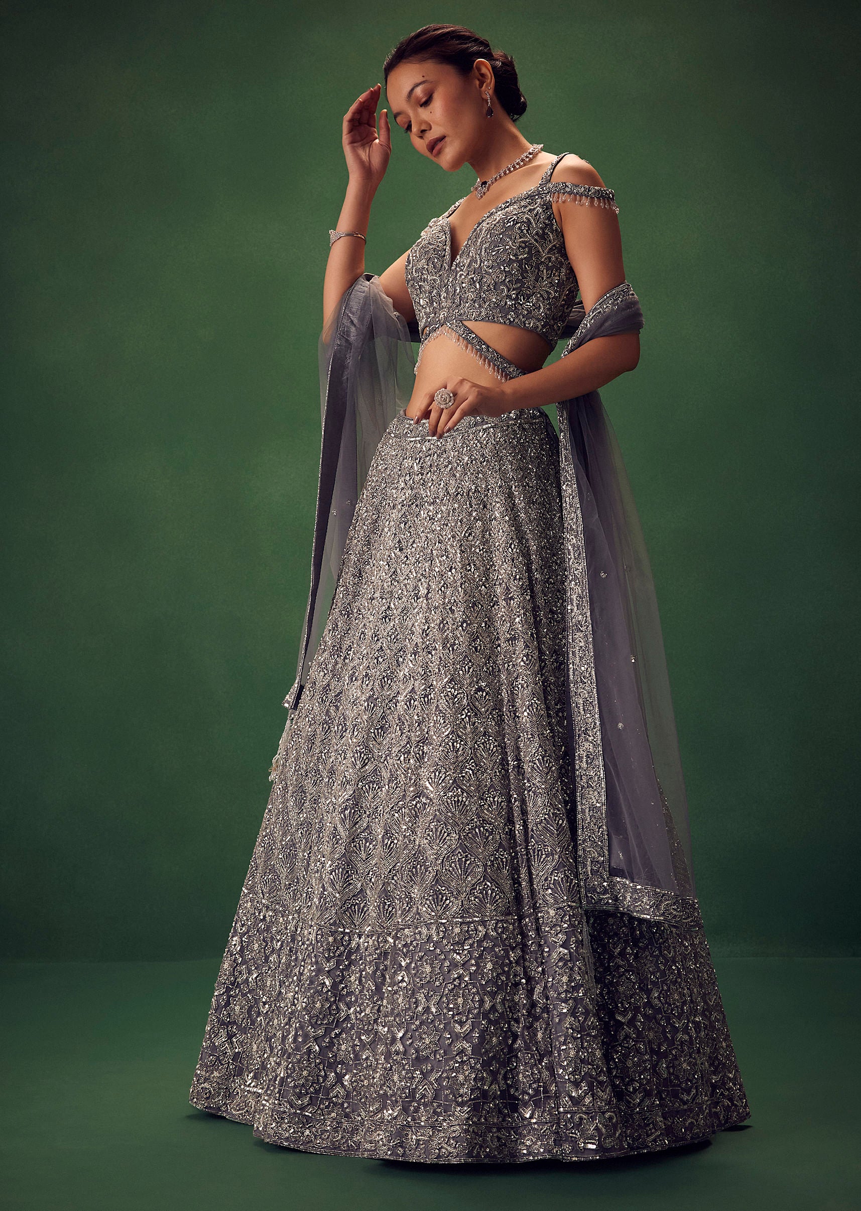 Grey Hand Embroidered Sequin Work Lehenga Set - Image 3
