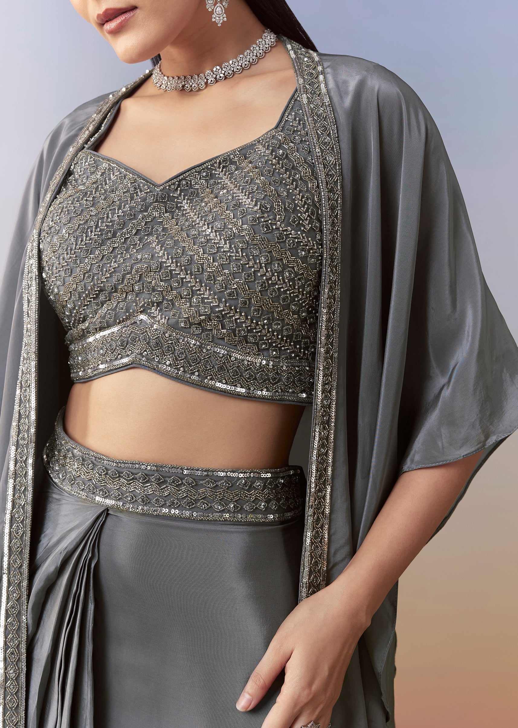 Grey Indo Western Embellished Crop Top Cape Set - Image 2