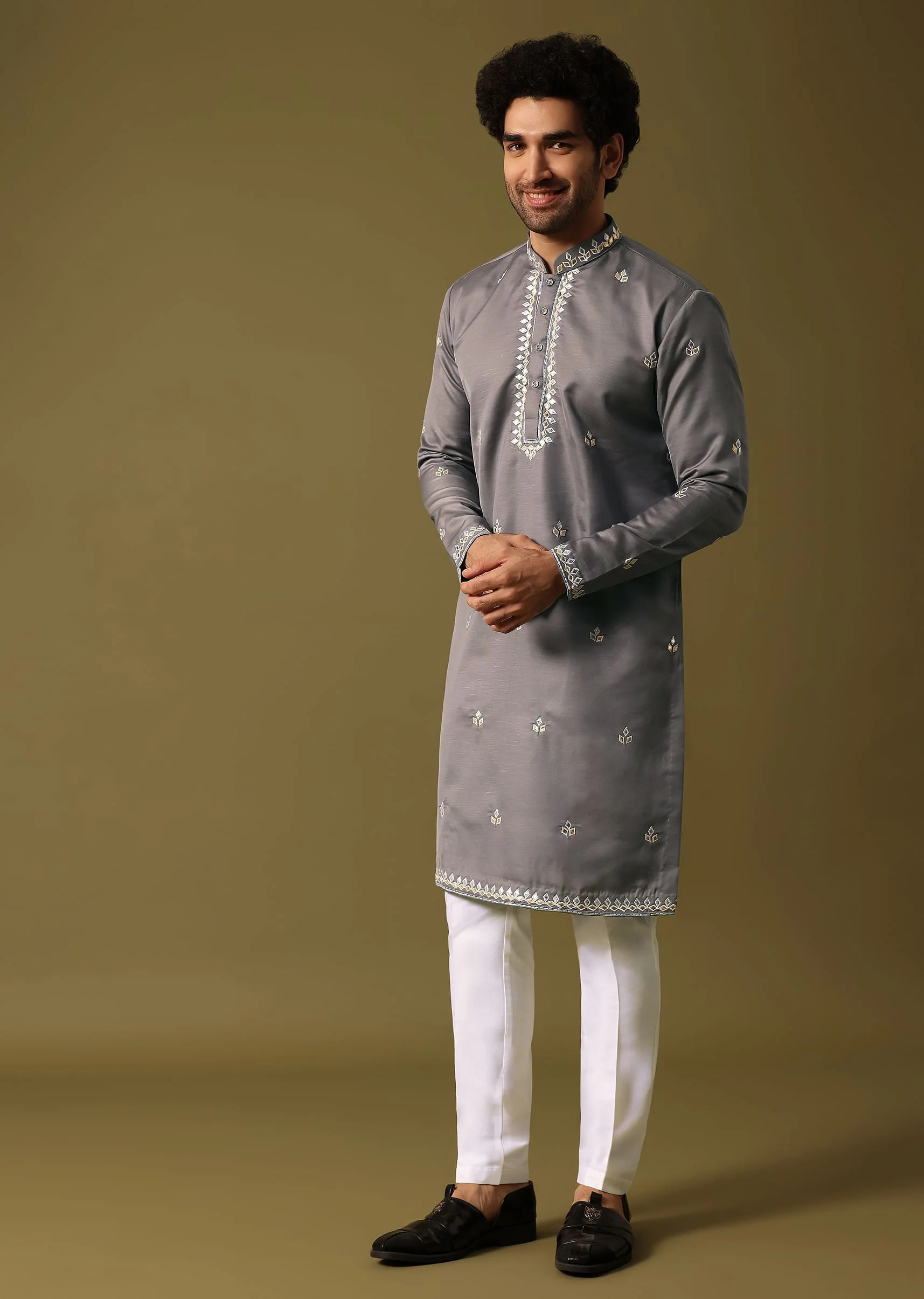 Grey Kurta Pant Set With Abla Work For Men - Image 2