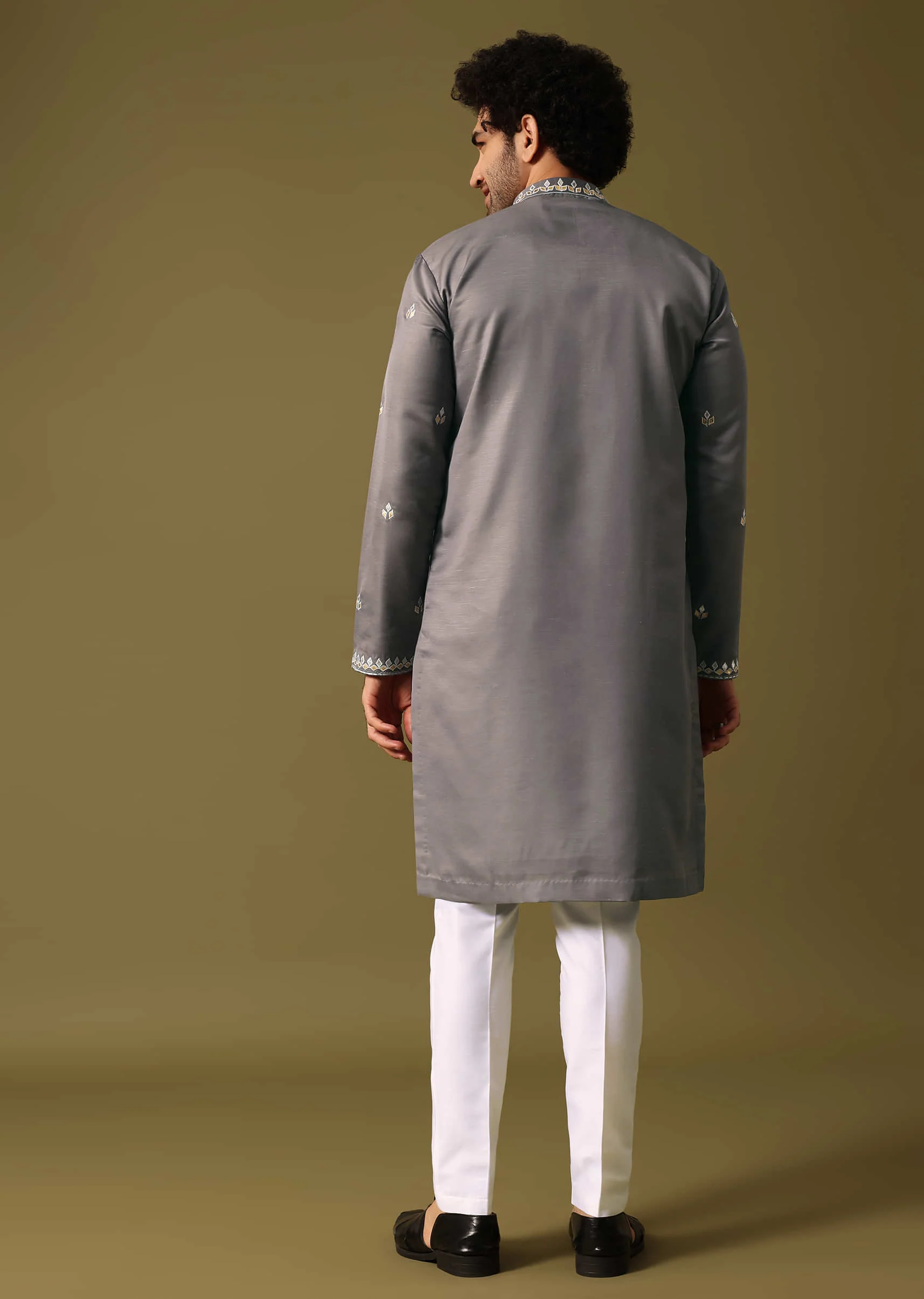 Grey Kurta Pant Set With Abla Work For Men - Image 5