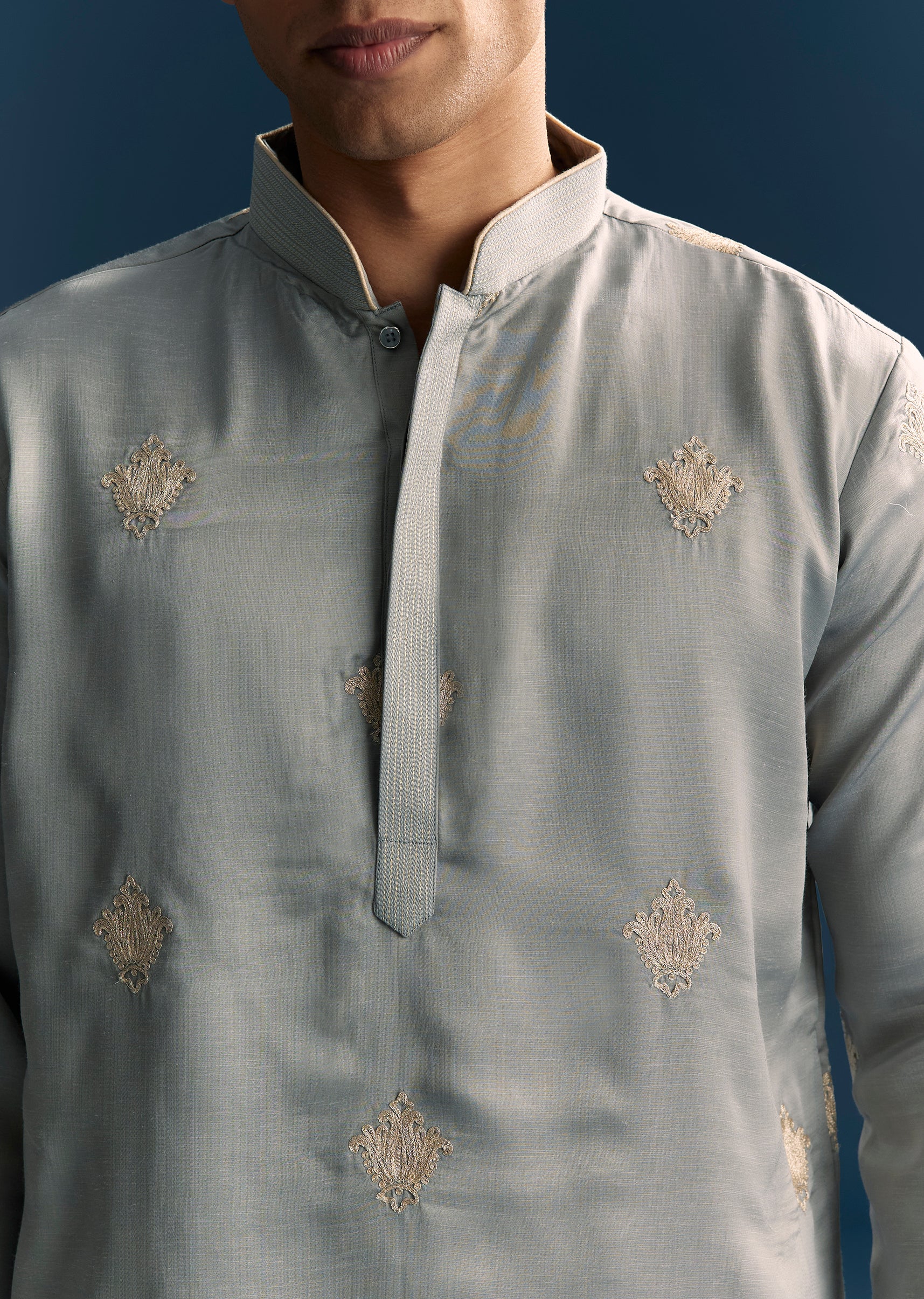 Grey Kurta Set For Men With Golden Thread Embroidery - Image 2