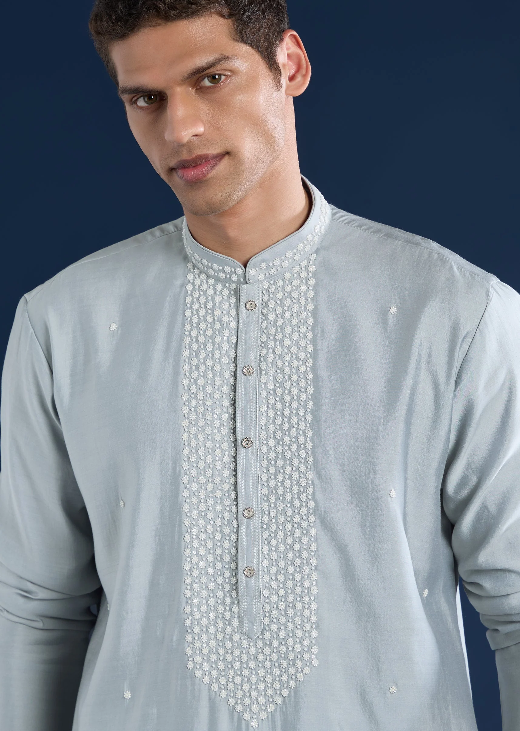 Grey Kurta Set With Cutdana Embroidery