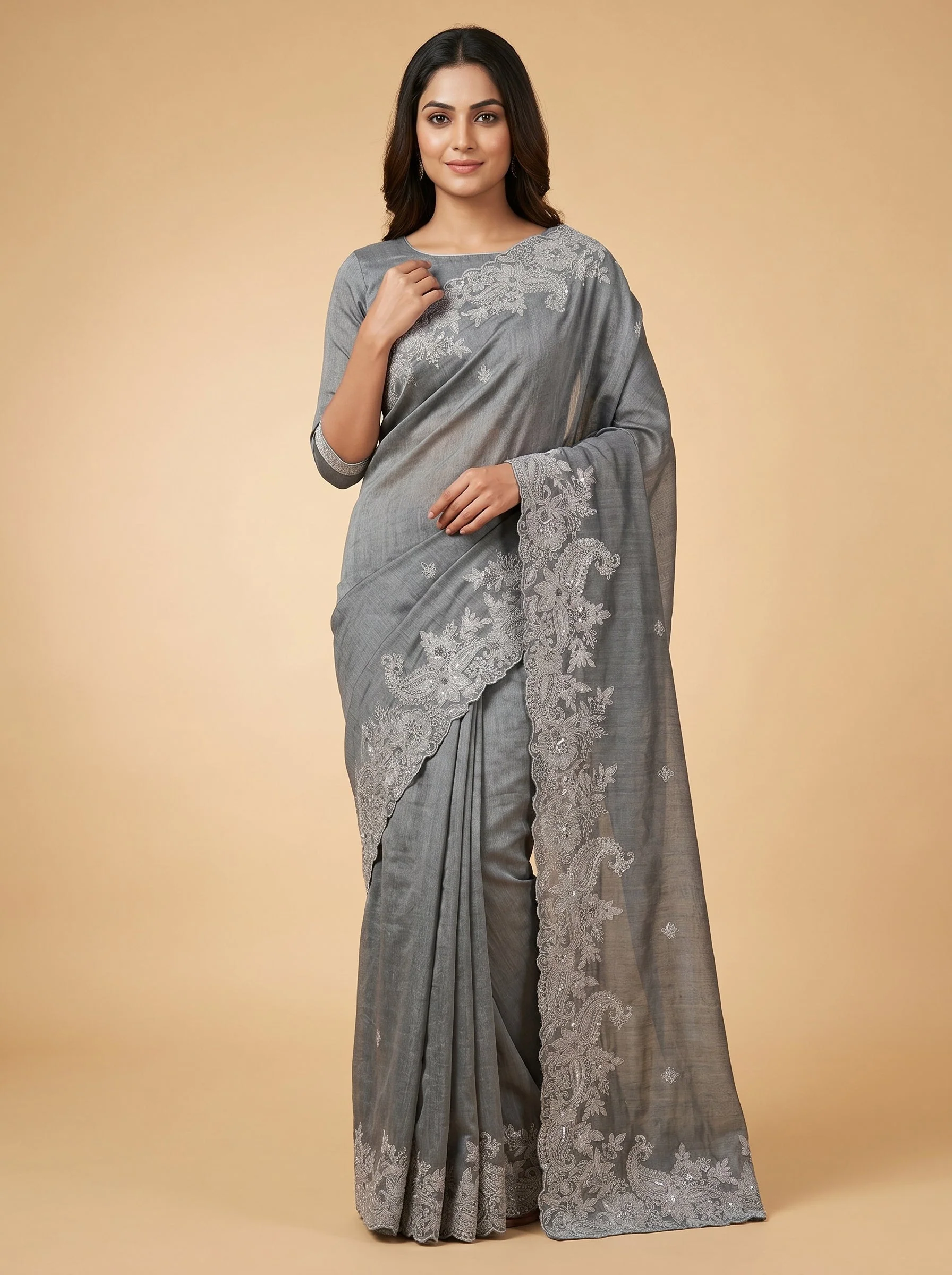 Grey Mist Sheen Embroidered Saree
