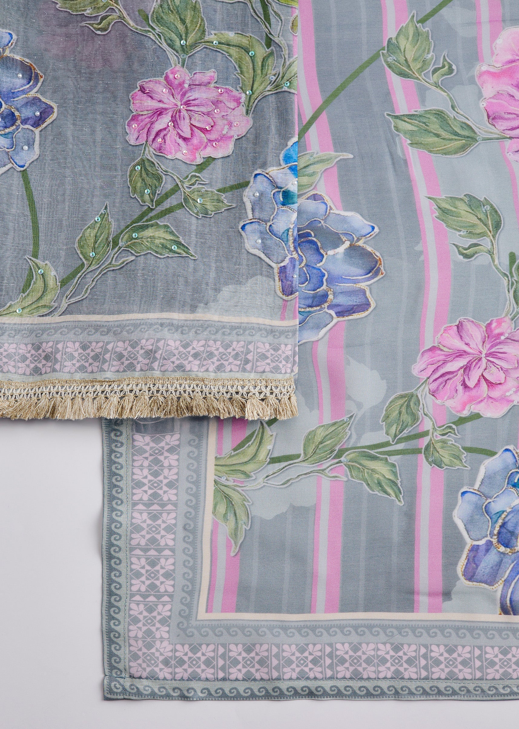 Grey Muslin Printed Unstitched Suit Set With Dupatta - Image 3