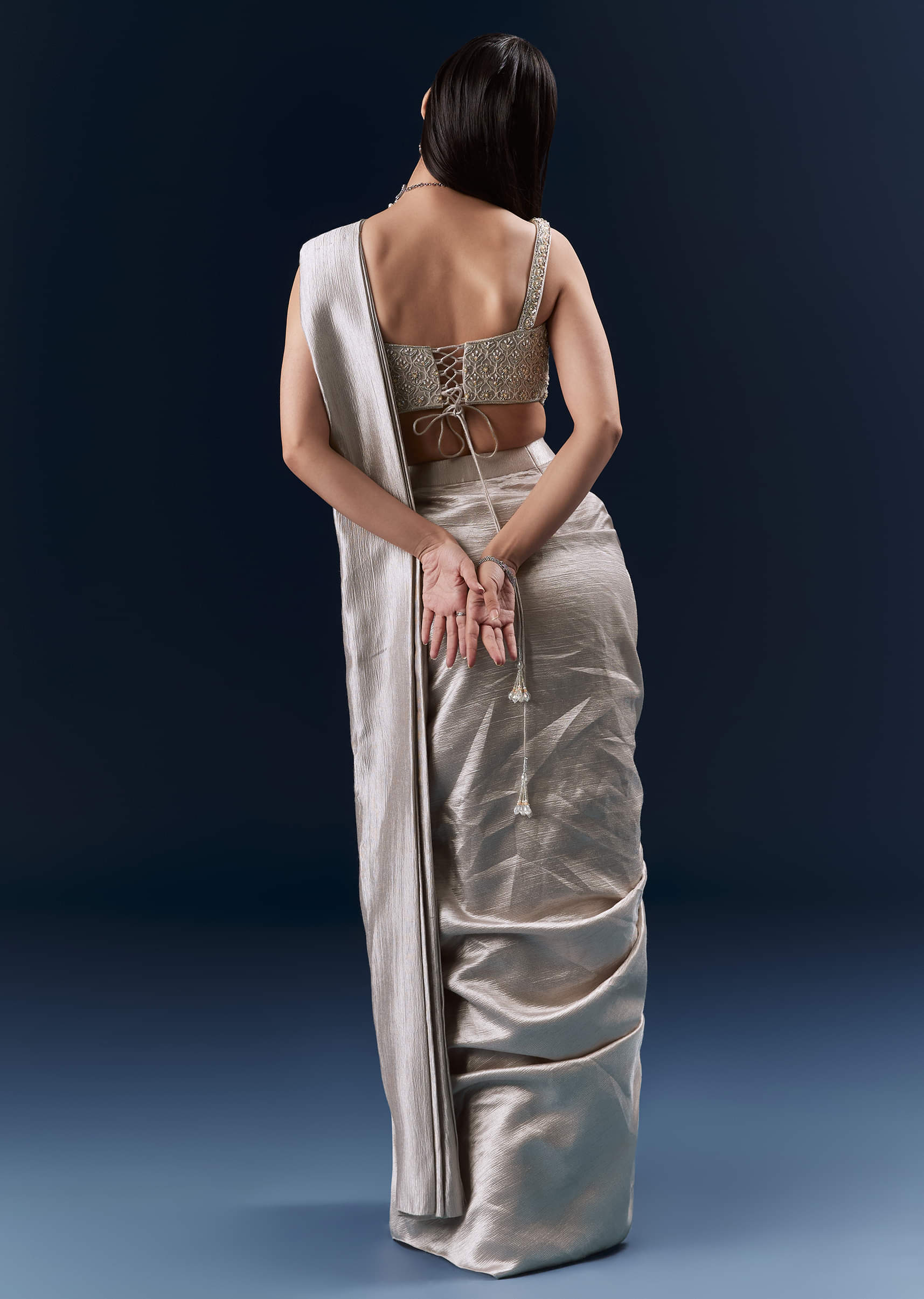 Grey Net Ready Pleated Saree With Embroidery - Image 2