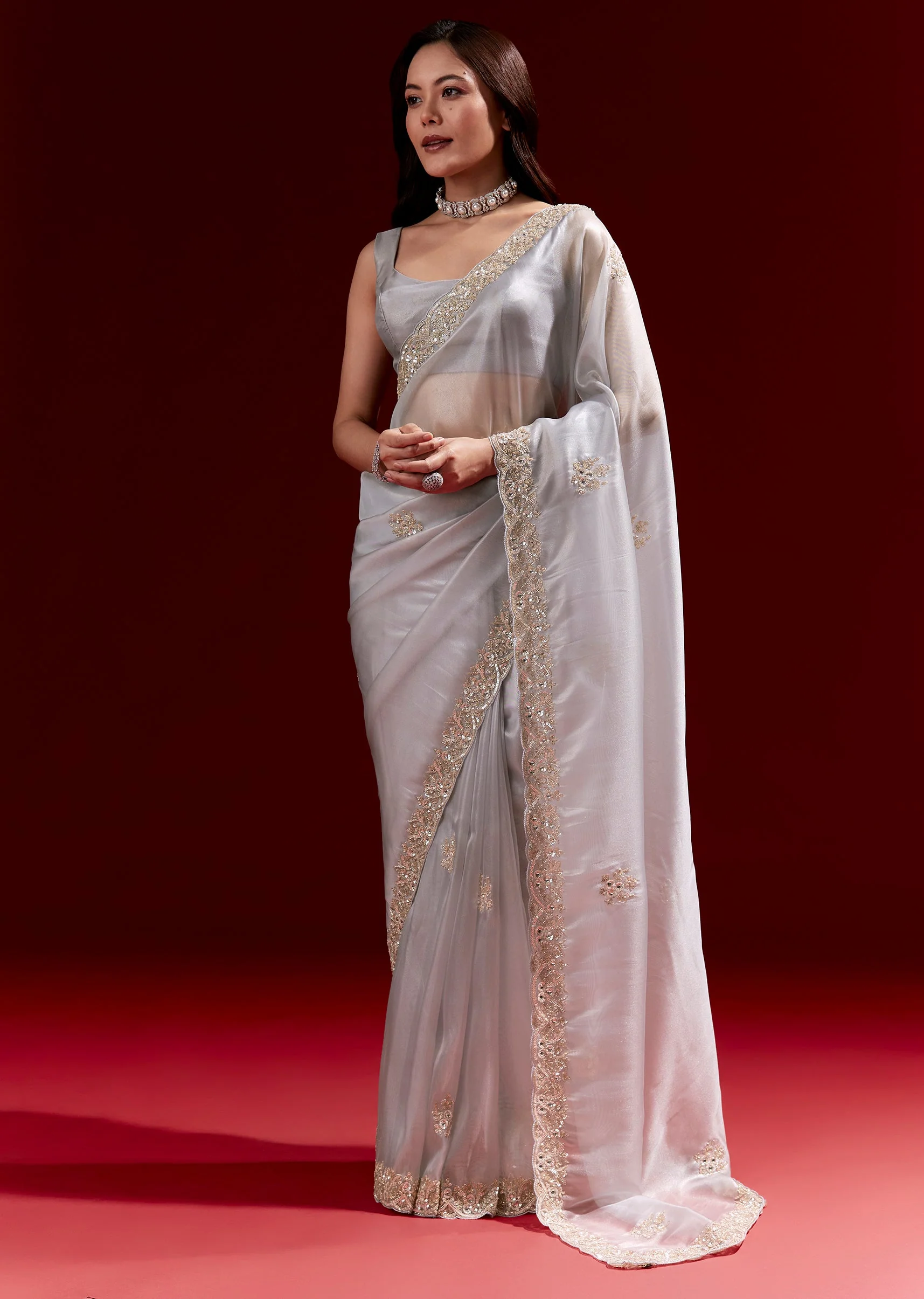 Grey Net Saree With Scalloped Cutdana Embroidered Border