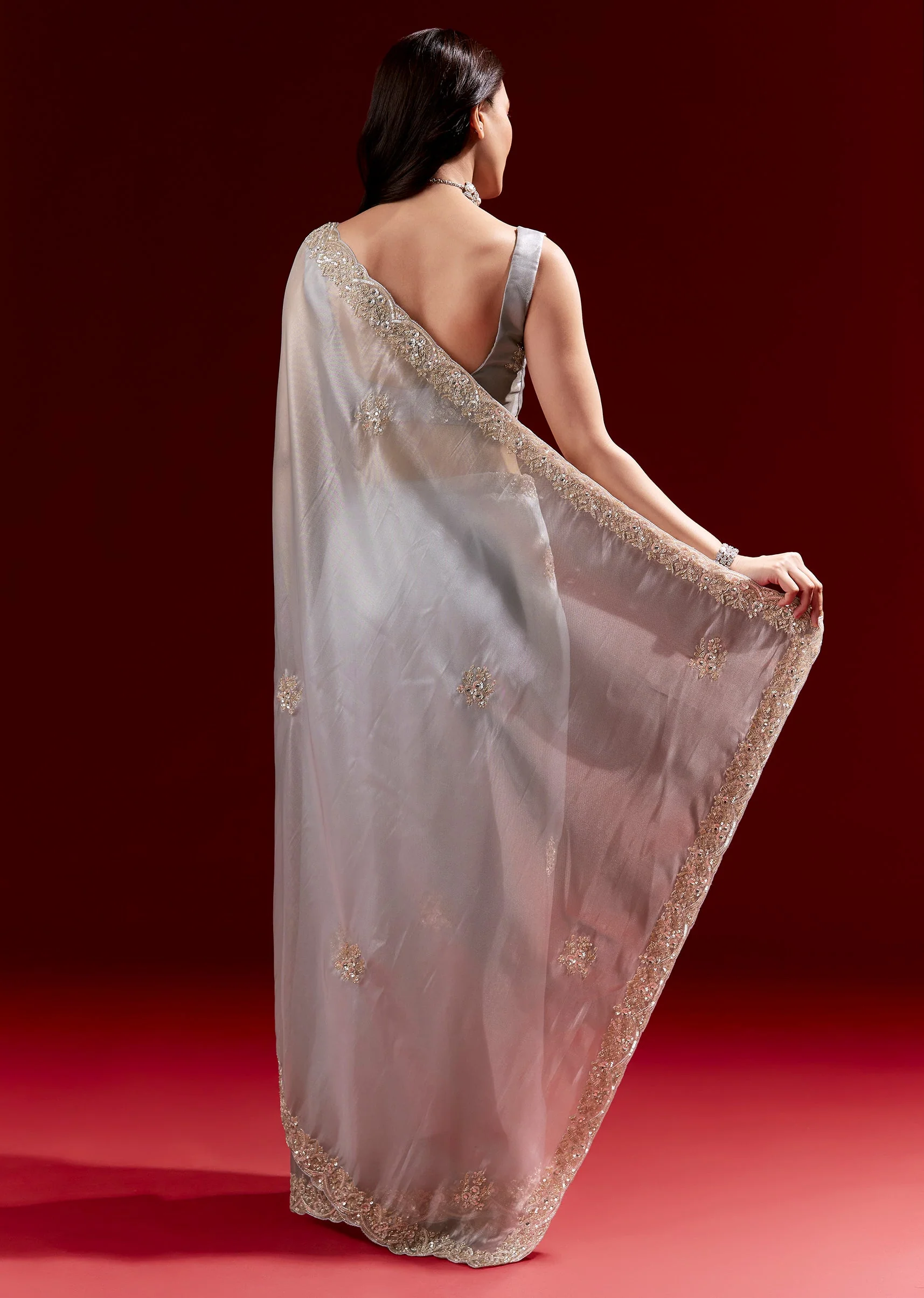 Grey Net Saree With Scalloped Cutdana Embroidered Border - Image 4