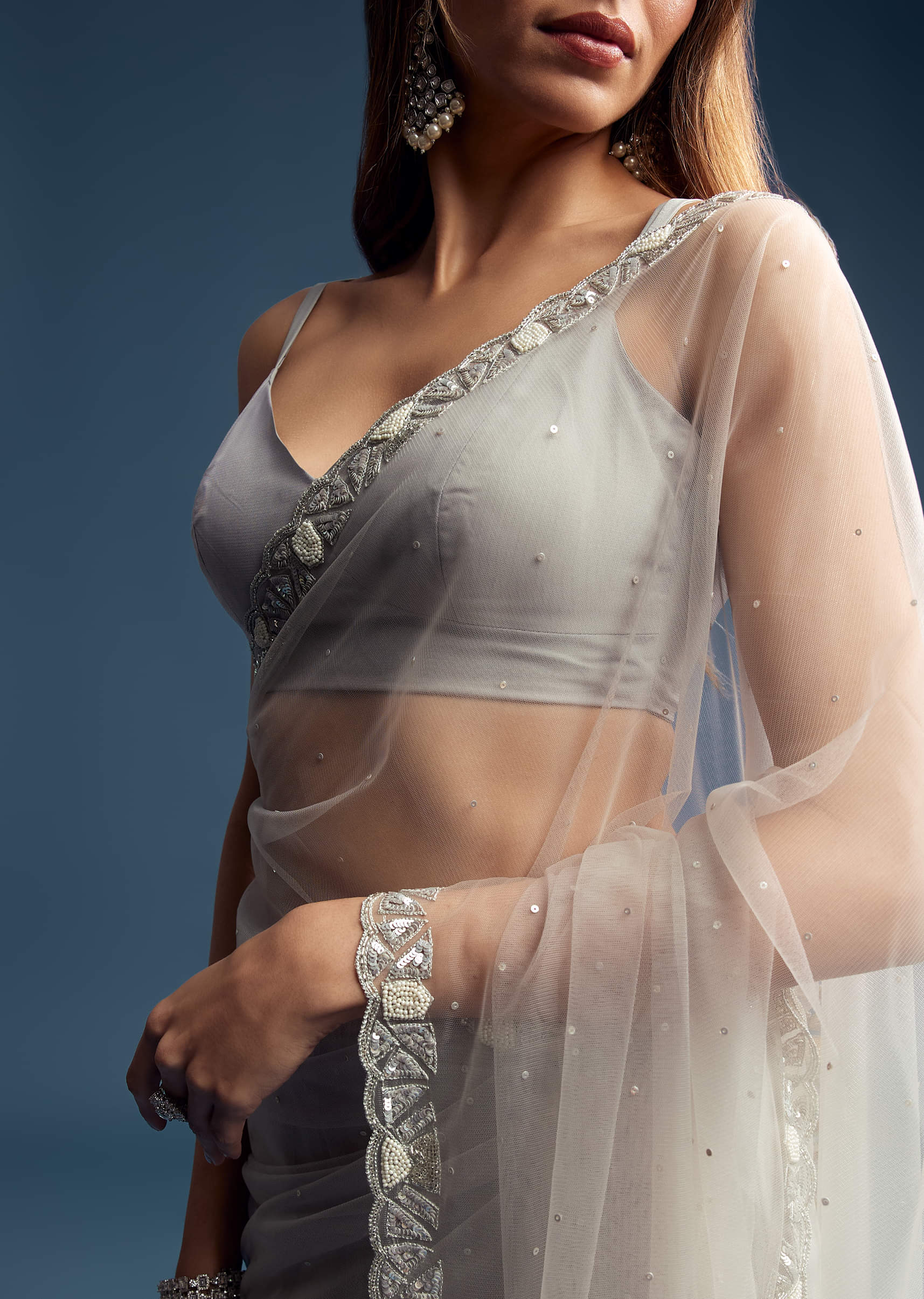 Grey Net Saree With Sequin And Bead Embroidery - Image 2
