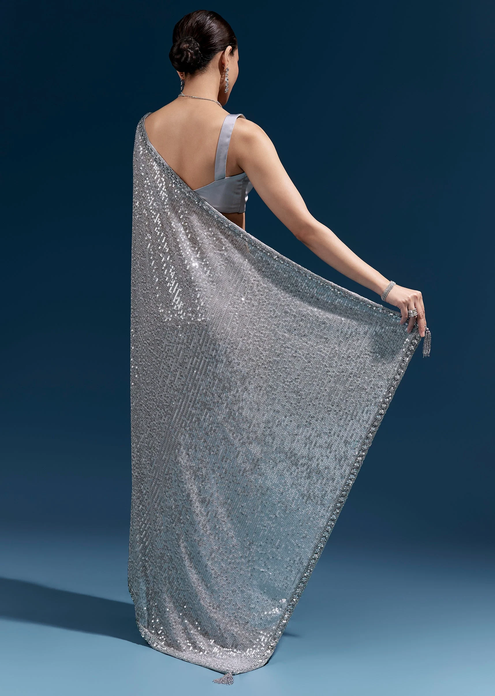 Grey Net Sequin Saree With Linear All Over Work And Hand Embroidered Floral Border - Image 4