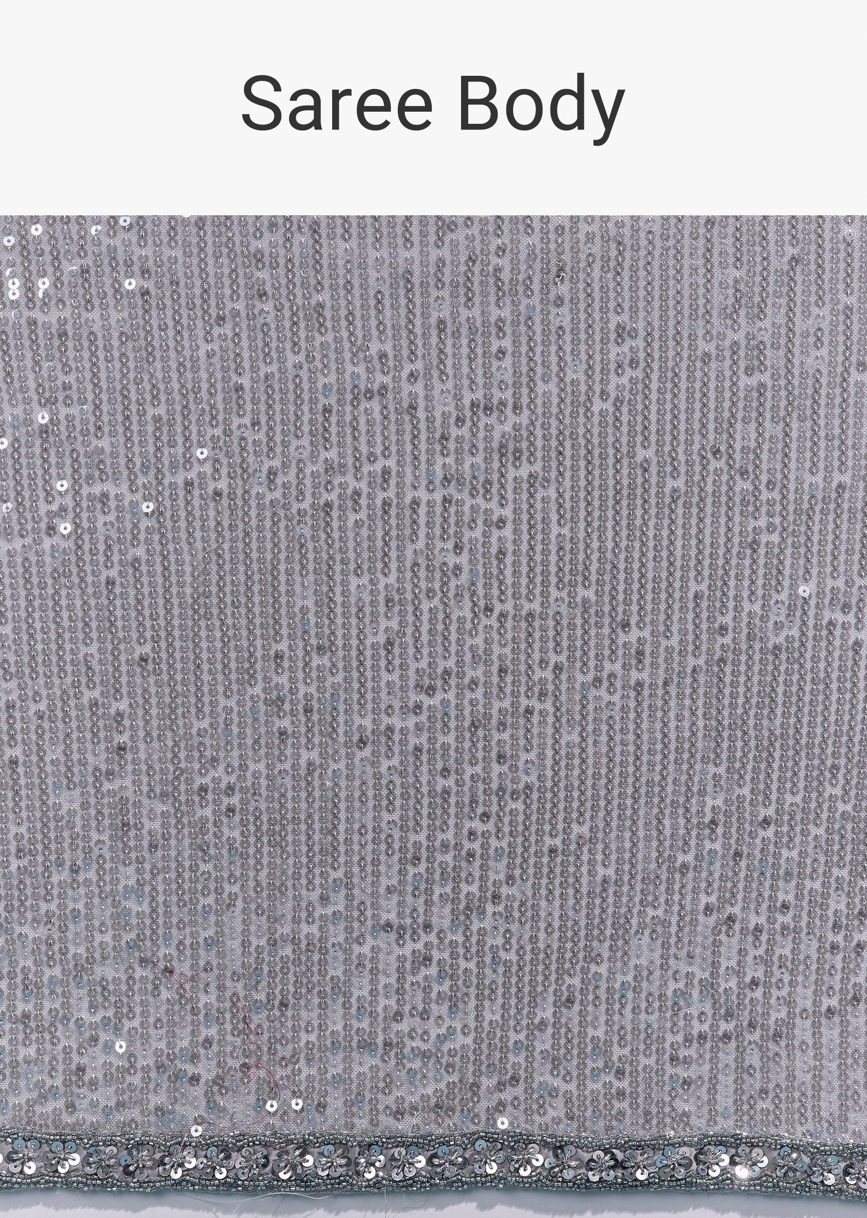 Grey Net Sequin Saree With Linear All Over Work And Hand Embroidered Floral Border - Image 9