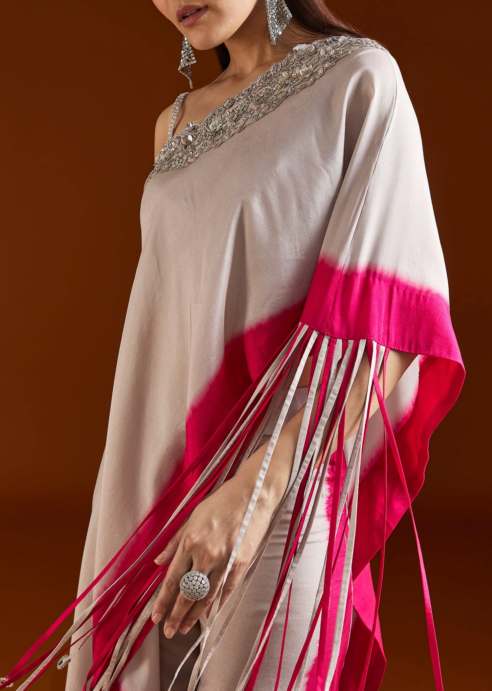 Grey One-Shoulder Embellished Silk Blend Crop Top Palazzo Set - Image 2