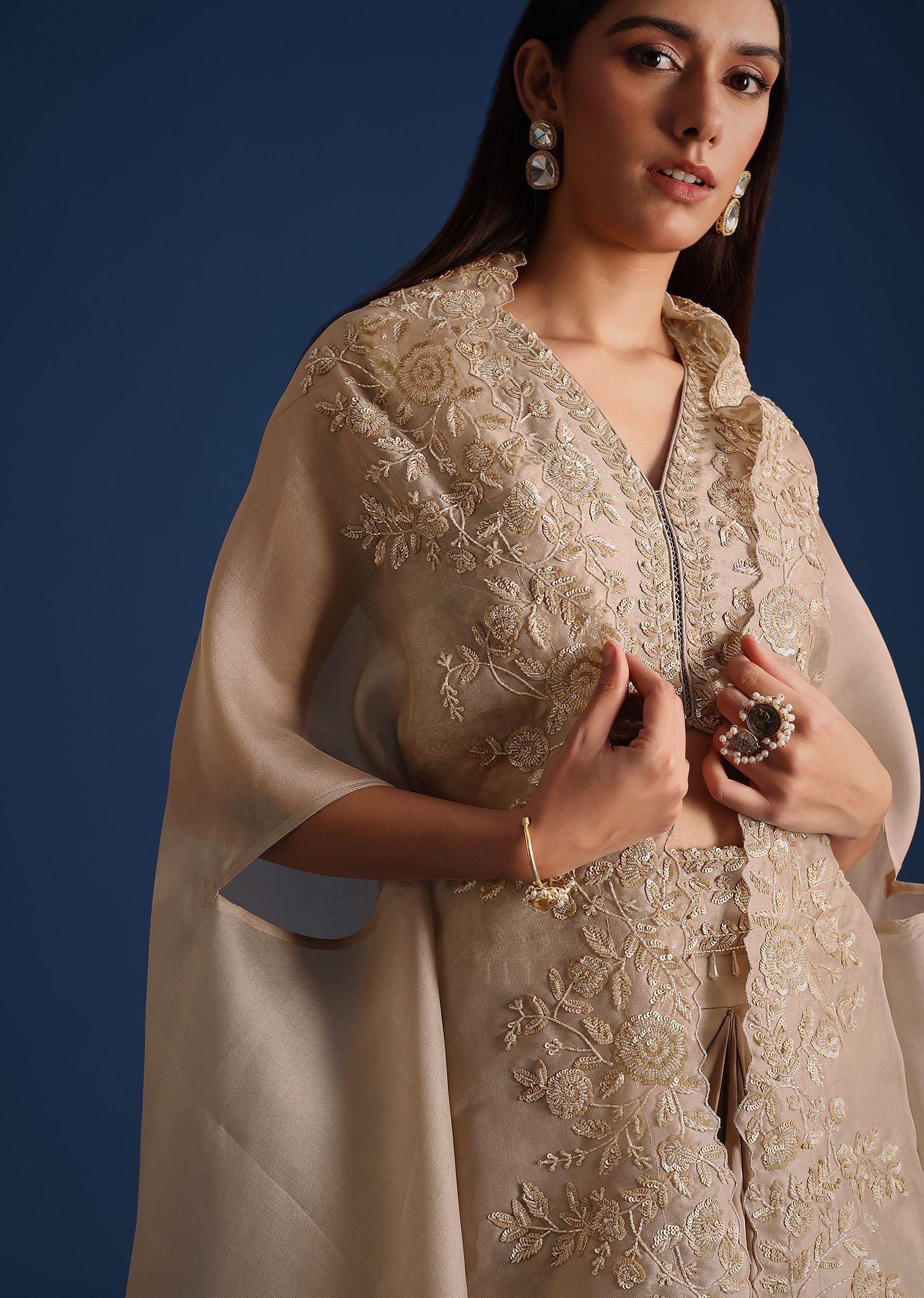 Grey Organza Jacket With Draped Skirt And Crop Top - Image 2