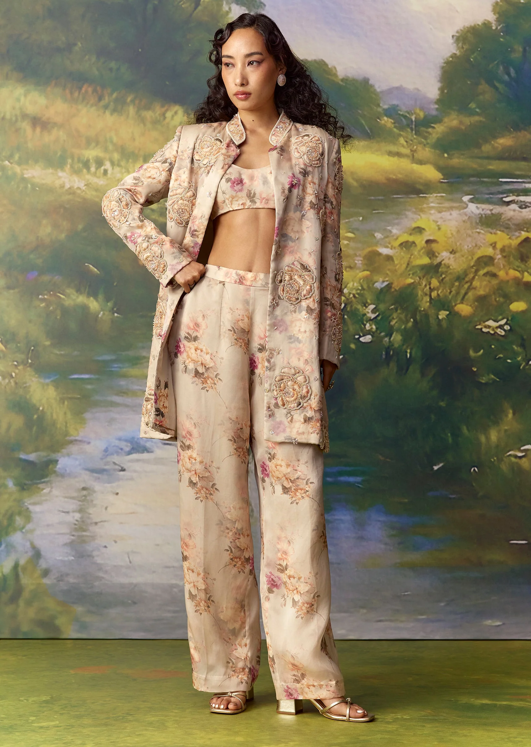 Grey Organza Printed Sherwani and Pant Set - Image 4