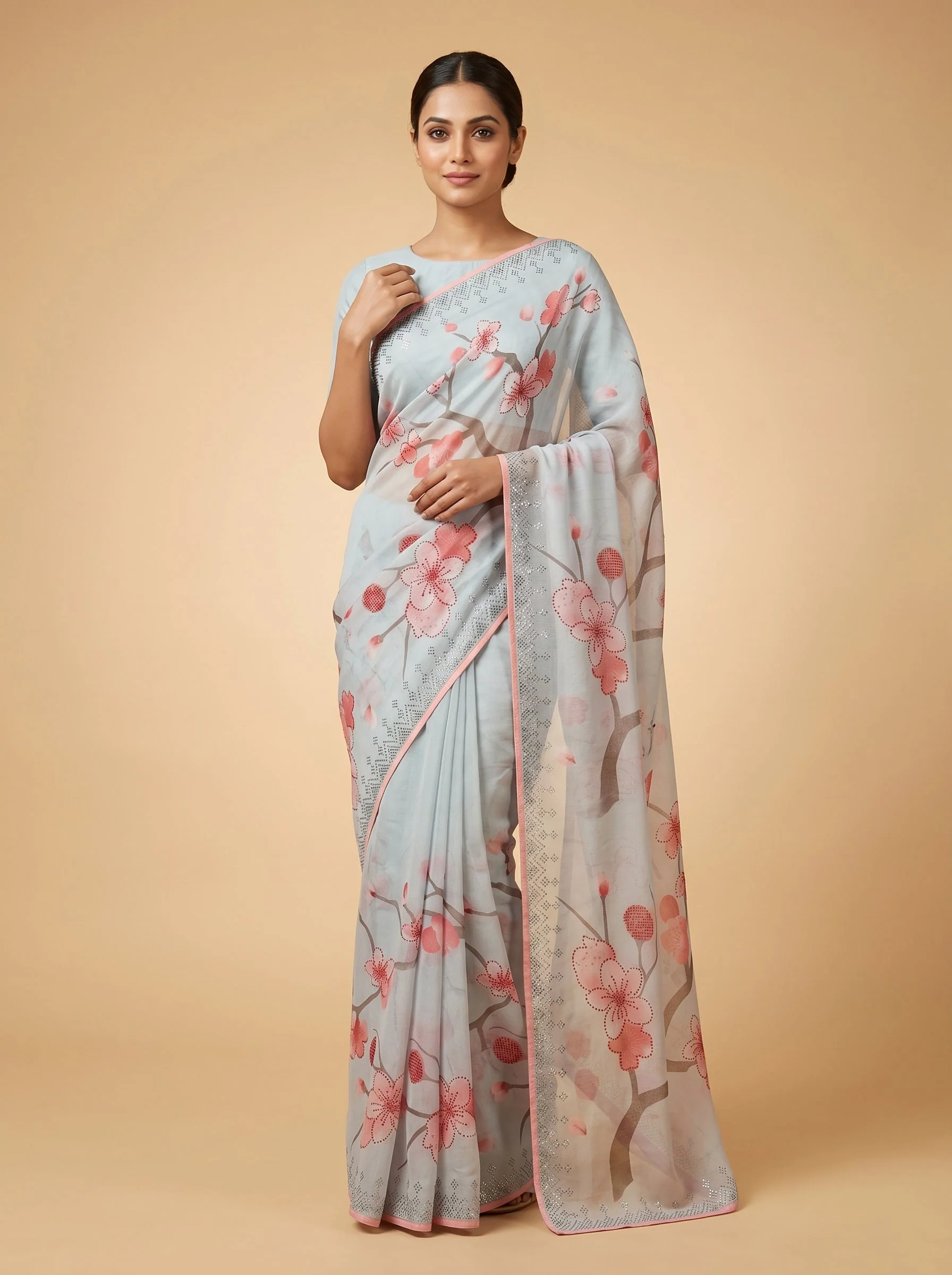 Grey Printed Cherry Blossom Saree