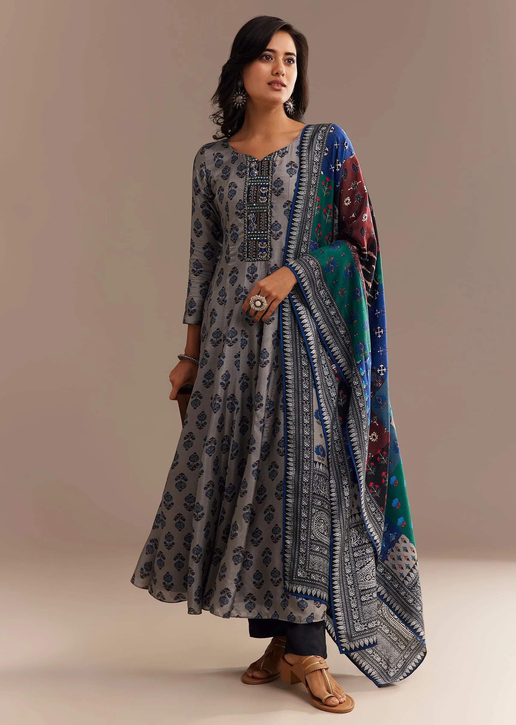 Grey Roman Silk Printed Anarkali Set - Image 3