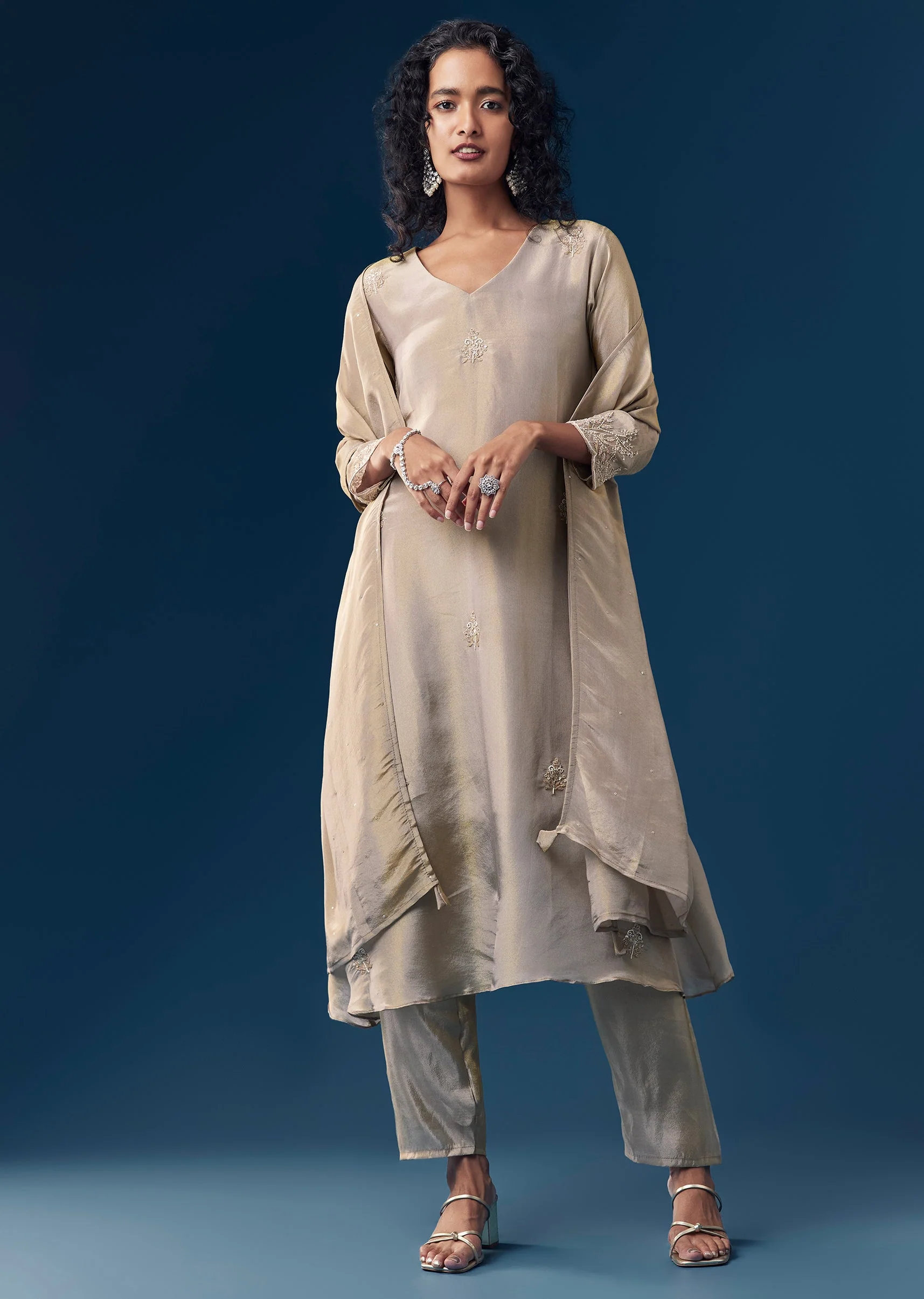 Grey Sequin Embellished Tissue Anarkali Set