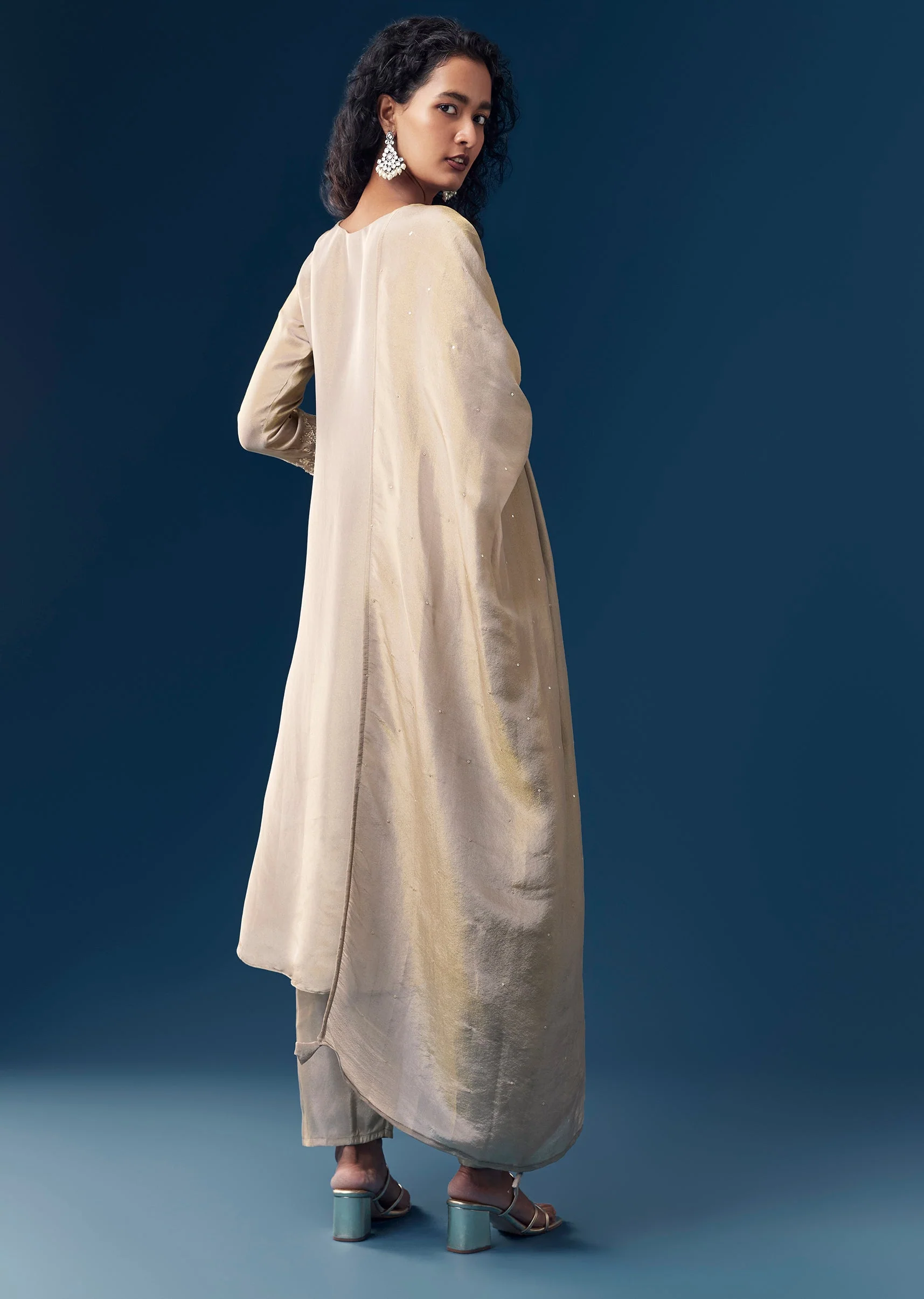 Grey Sequin Embellished Tissue Anarkali Set - Image 5