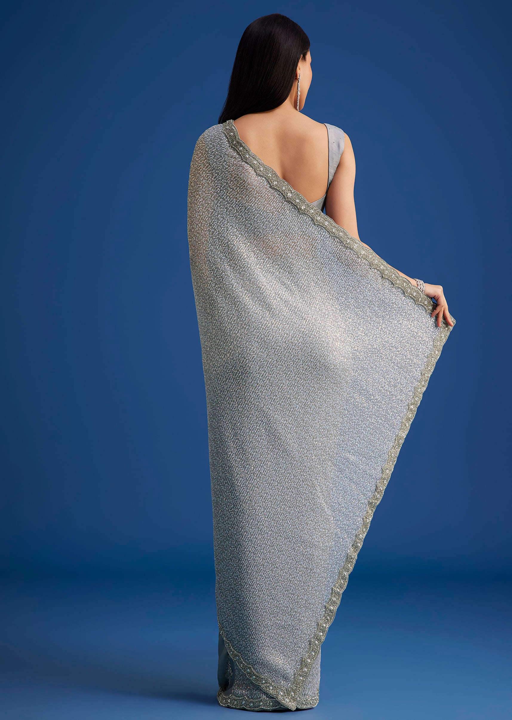 Grey Sequins Saree With Scalloped Embroidered Border - Image 4