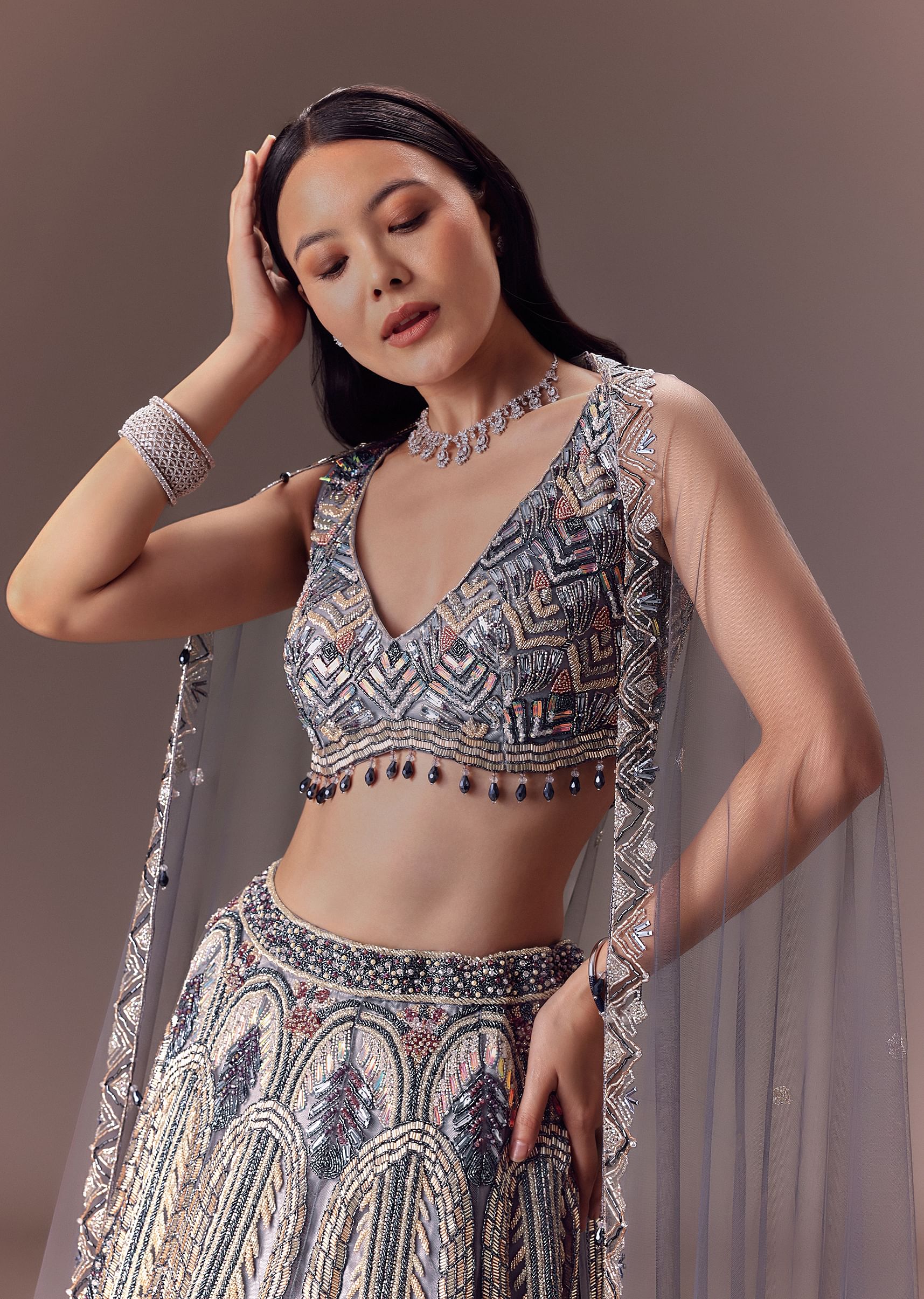 Grey Shimmer Net Lehenga Set With Cape Style Dupatta - Image 4