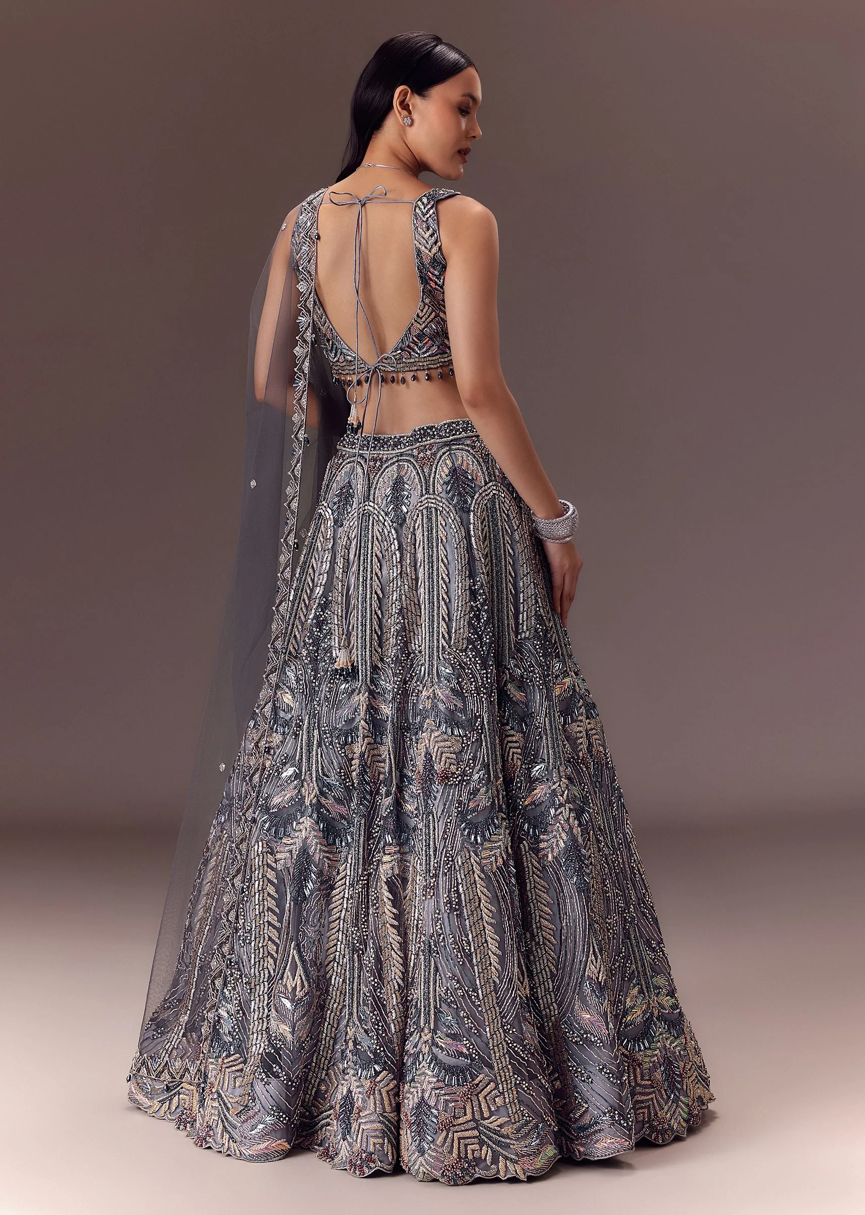 Grey Shimmer Net Lehenga Set With Cape Style Dupatta - Image 5