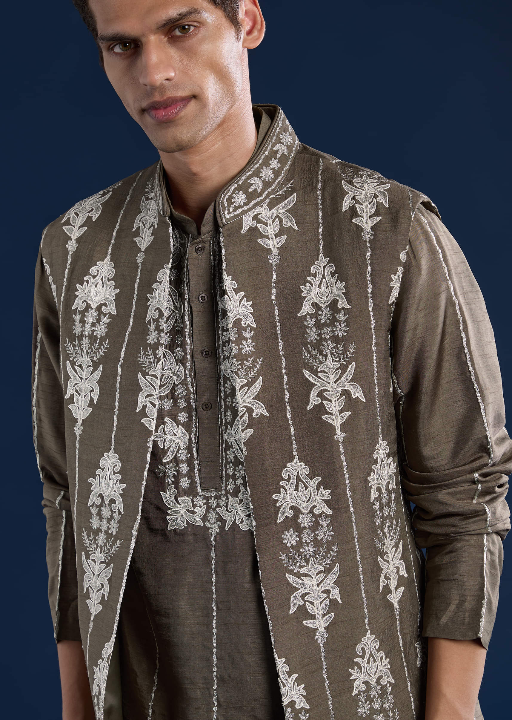 Grey Silk Jacket Kurta Set with Zari Work - Image 2