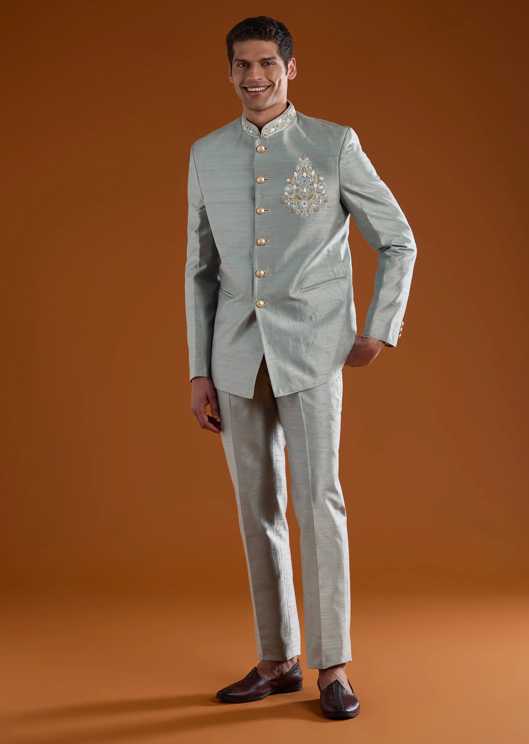 Grey Silk Jodhpuri Pant Set with Cutdana Work - Image 2