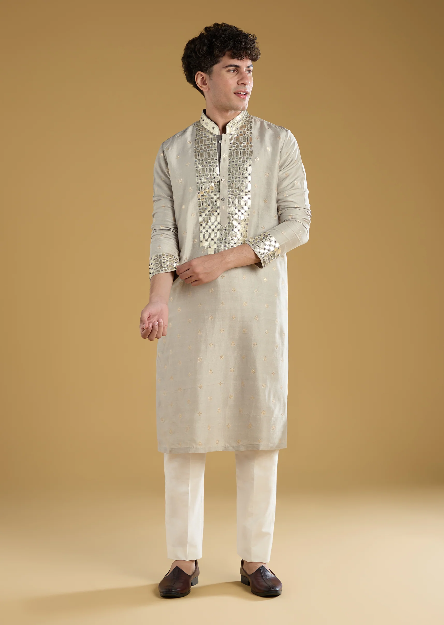 Grey Silk Leather Patch Embroiderd Kurta Set