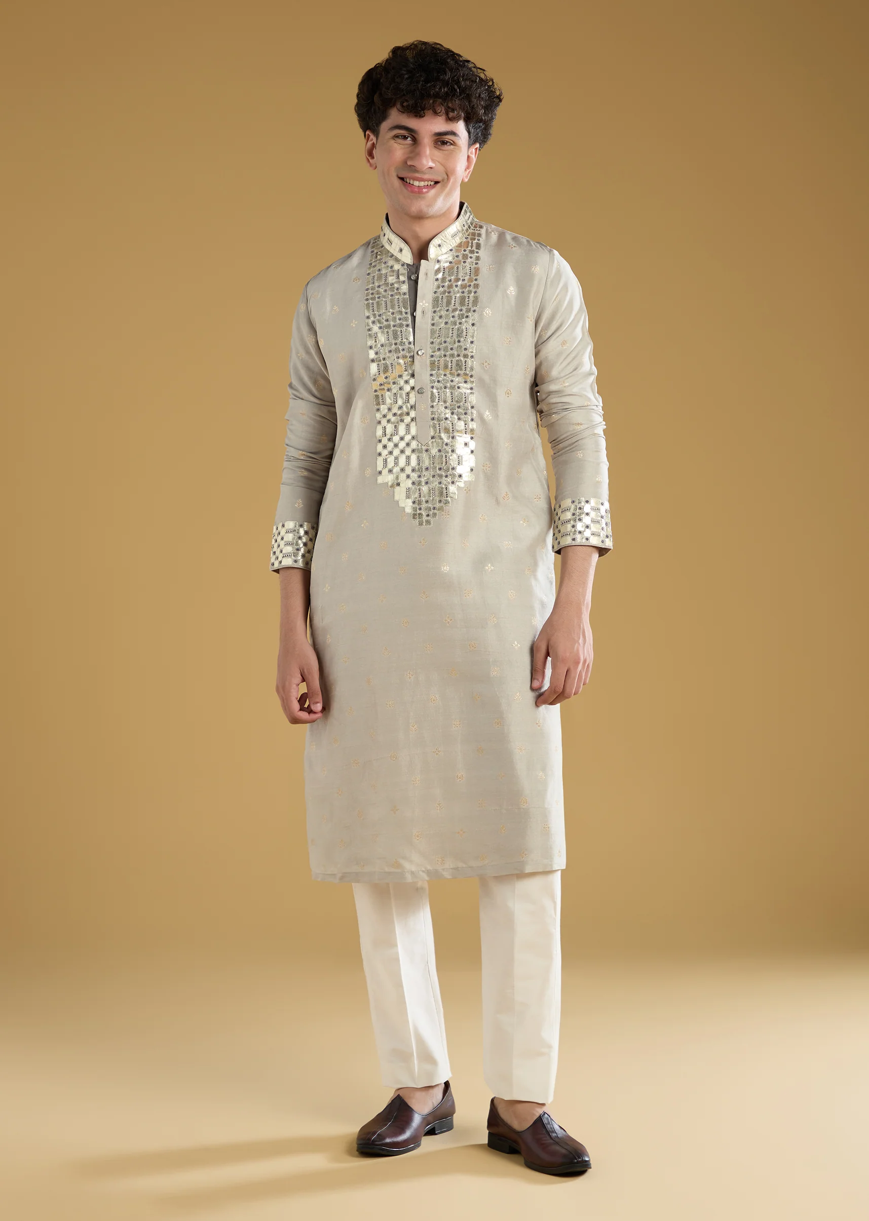 Grey Silk Leather Patch Embroiderd Kurta Set - Image 3
