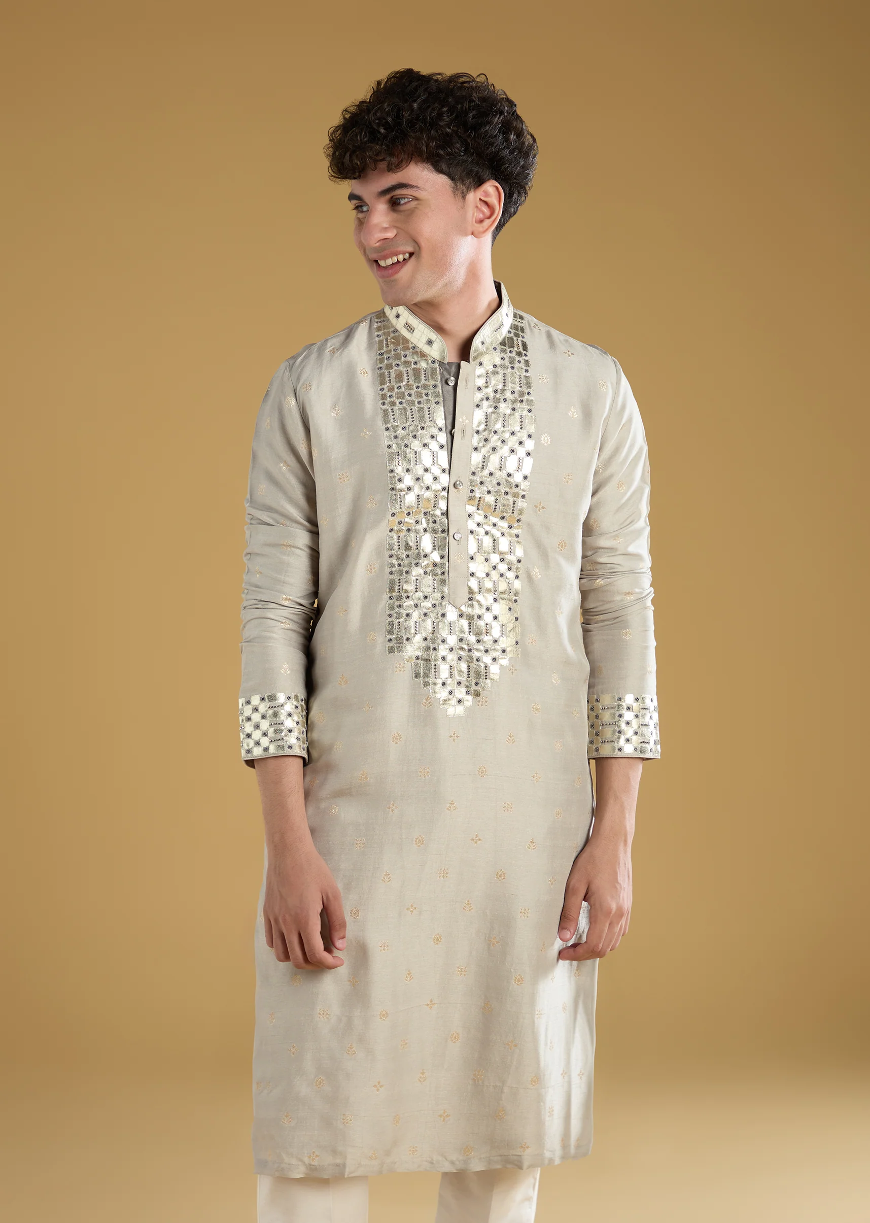 Grey Silk Leather Patch Embroiderd Kurta Set - Image 4