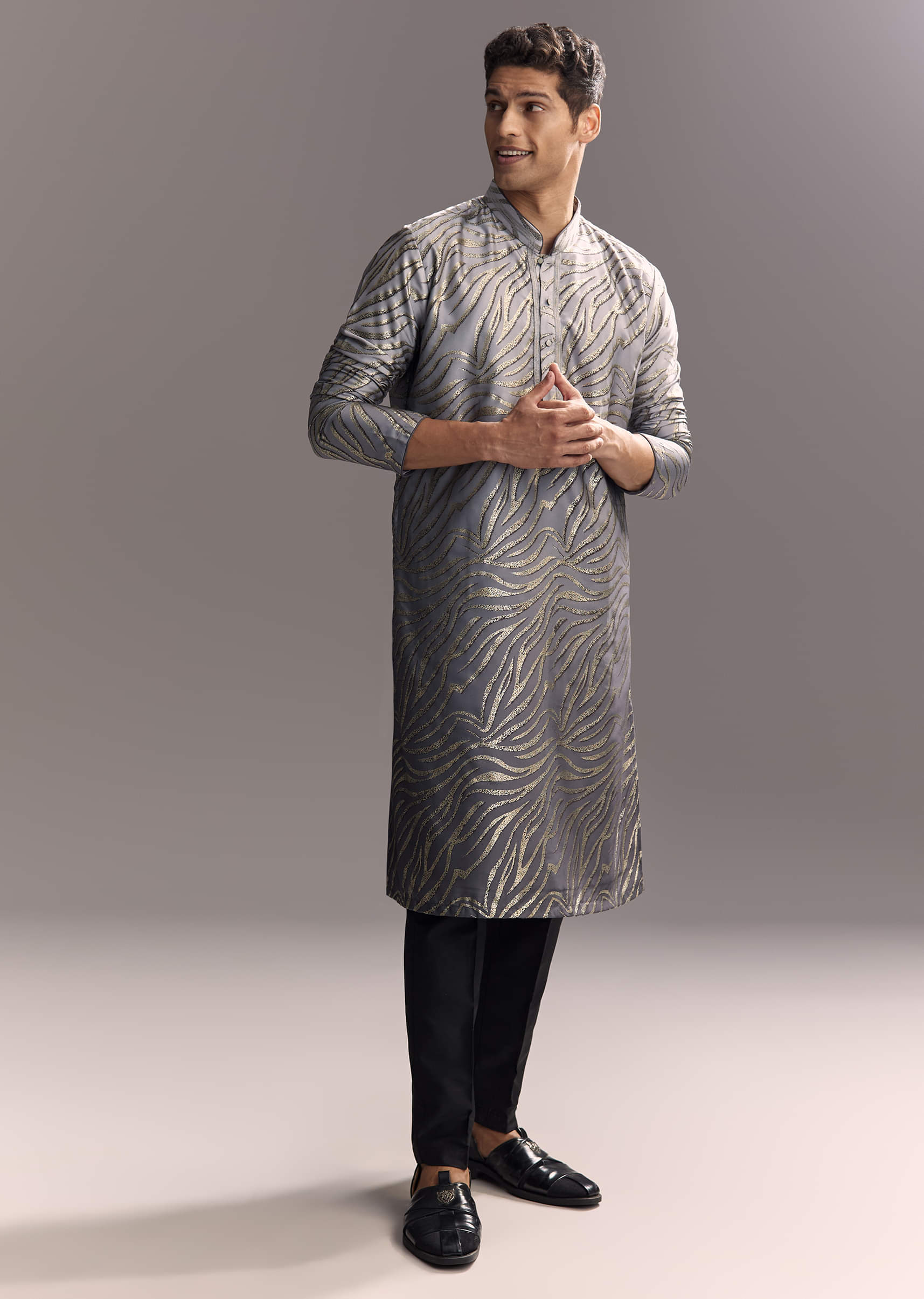 Grey Silk Printed Kurta Set For Men - Image 2