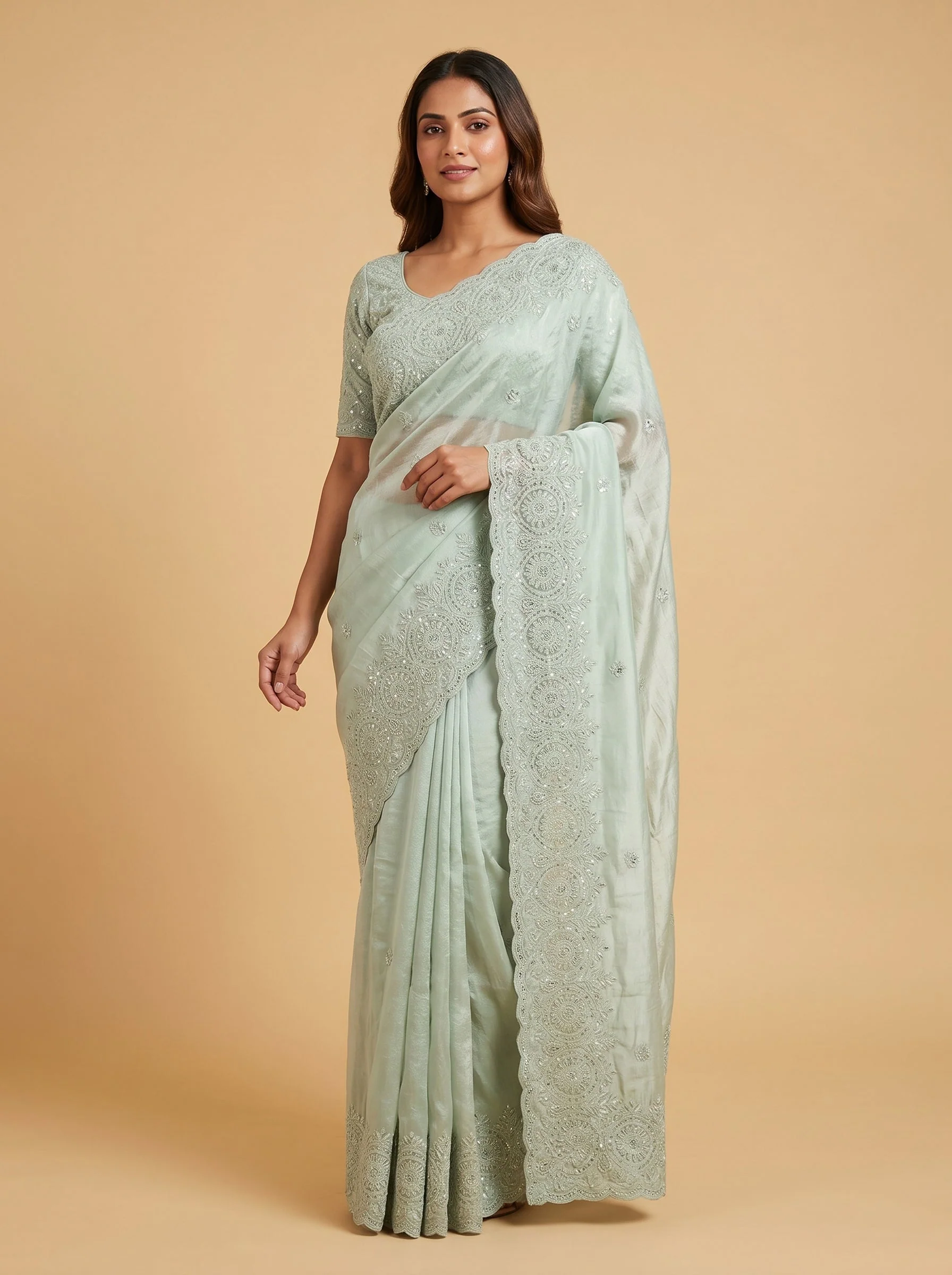 Grey Sleek-Pattern Embroidered Saree