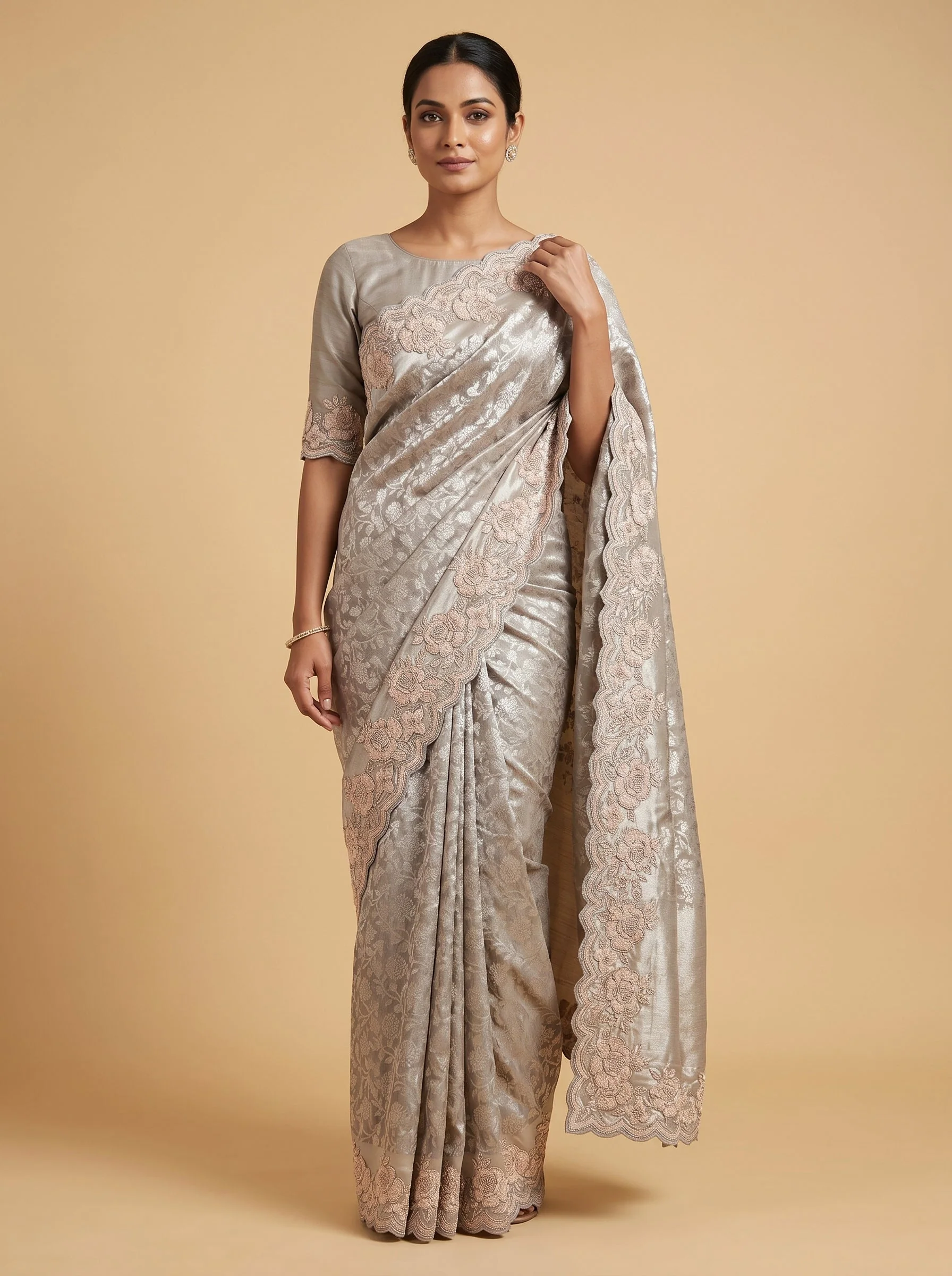 Grey Soft Finish Embroidered Saree