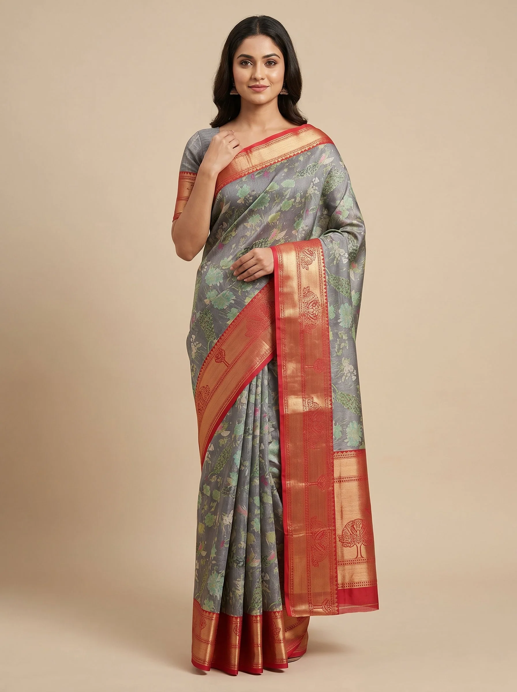 Grey Steel Tone Handloom Saree